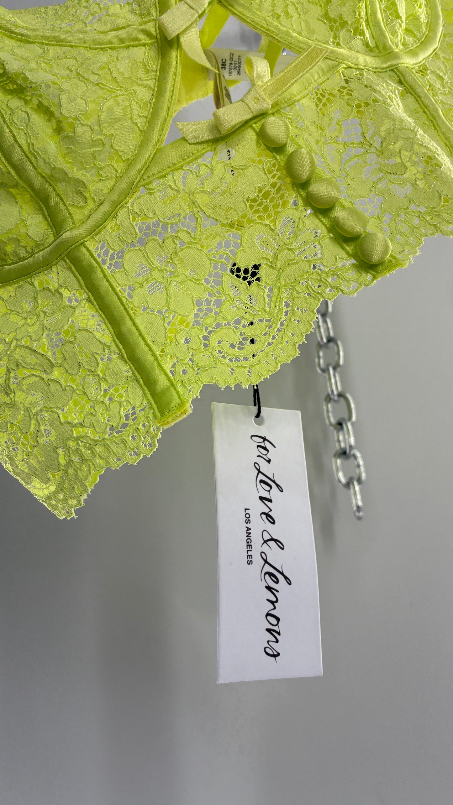 For Love & Lemons Lime Green Corseted Lace Bralette with Strappy Back and Tags Attached (38C)