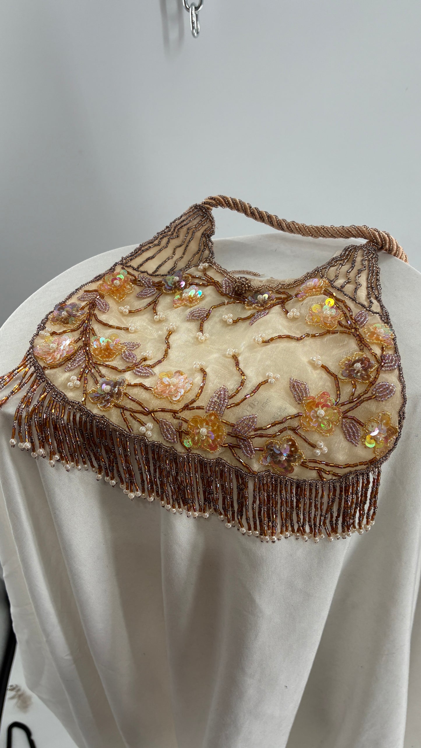 Vintage Deadstock Beige Beaded Fringe Purse with Embroidered Beaded Florals