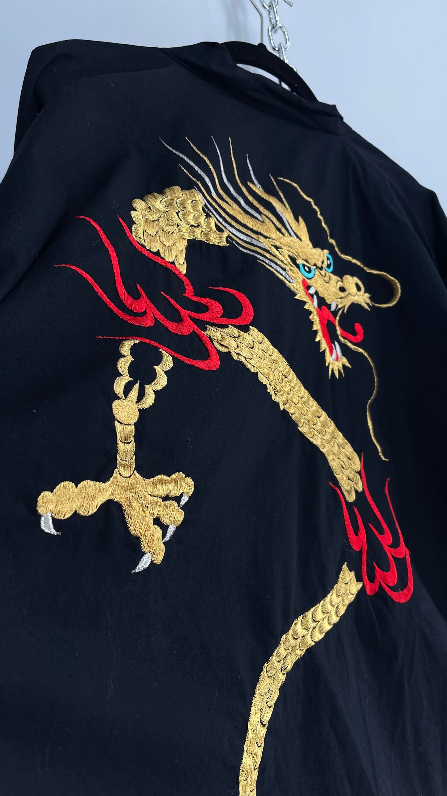 Vintage Japanese Cotton Cape/Kimono/Cardigan Robe with Hand Embroidered Gold Dragon (Small)