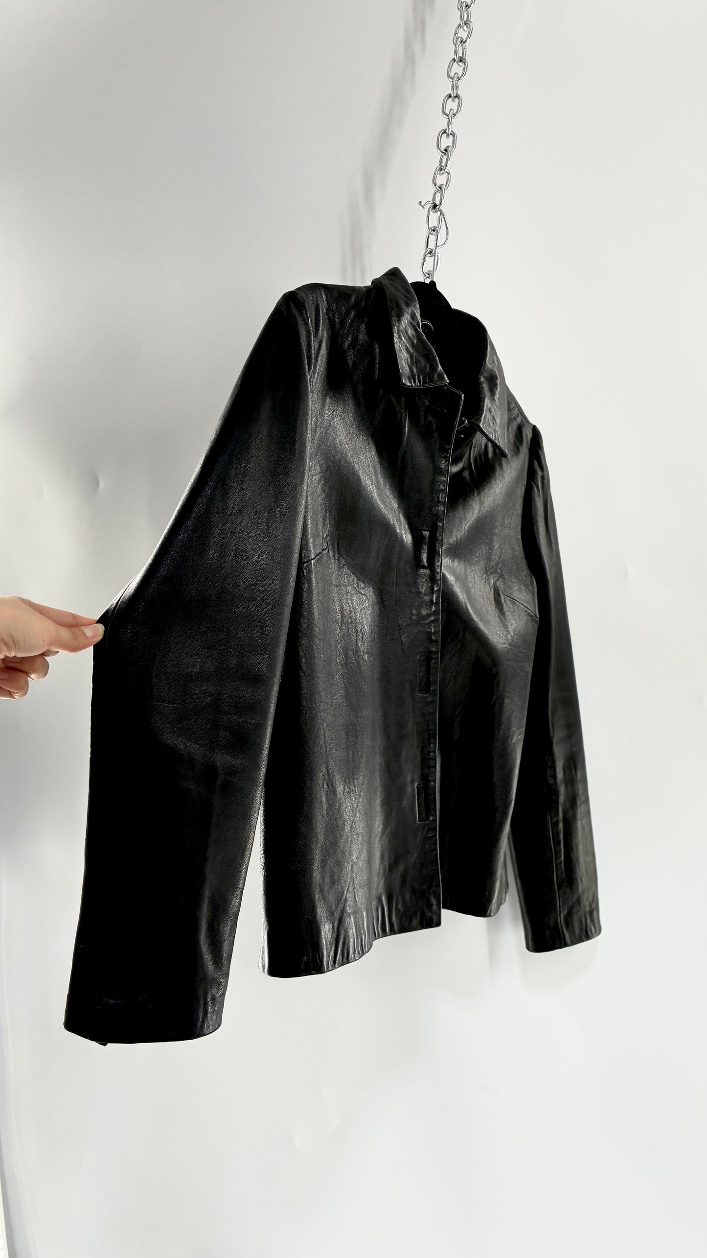 Vintage INC 1990s Black Genuine Ultra Soft Leather Collared Jacket with Velcro Closure Never Worn (Medium)