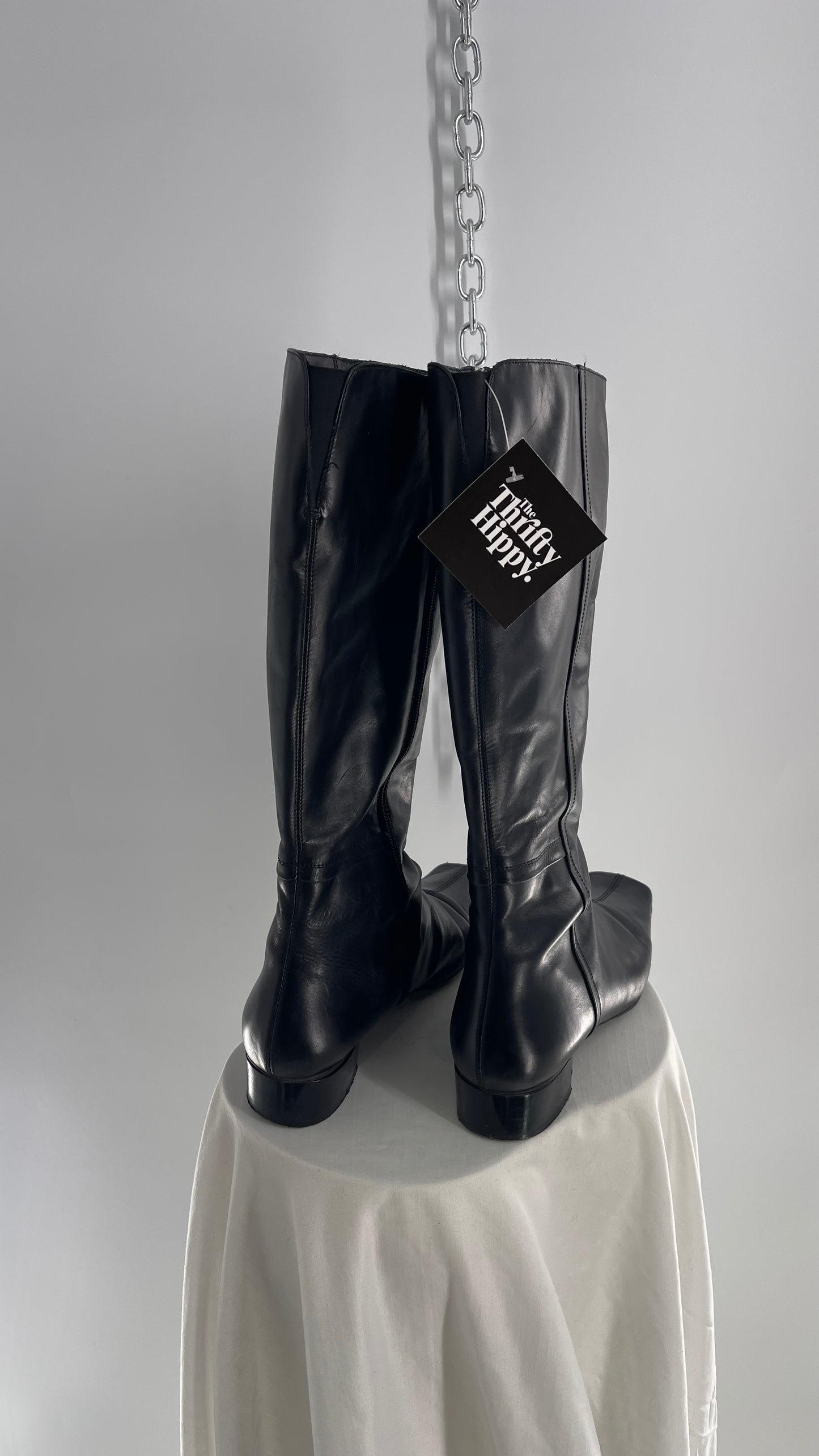 Vintage YKK Black Leather Square Toe Knee High Boot (40)