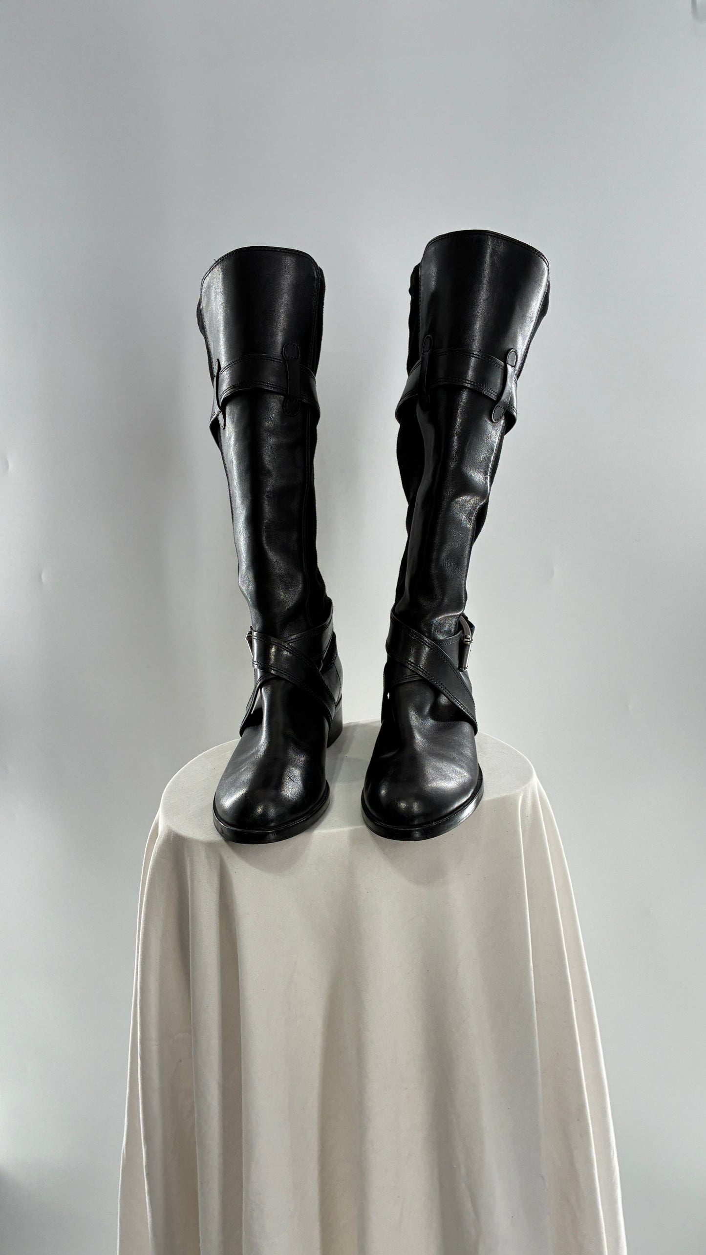 Vintage Cole Haan Black Leather Knee High Boots with Buckle Detailing (7.5)