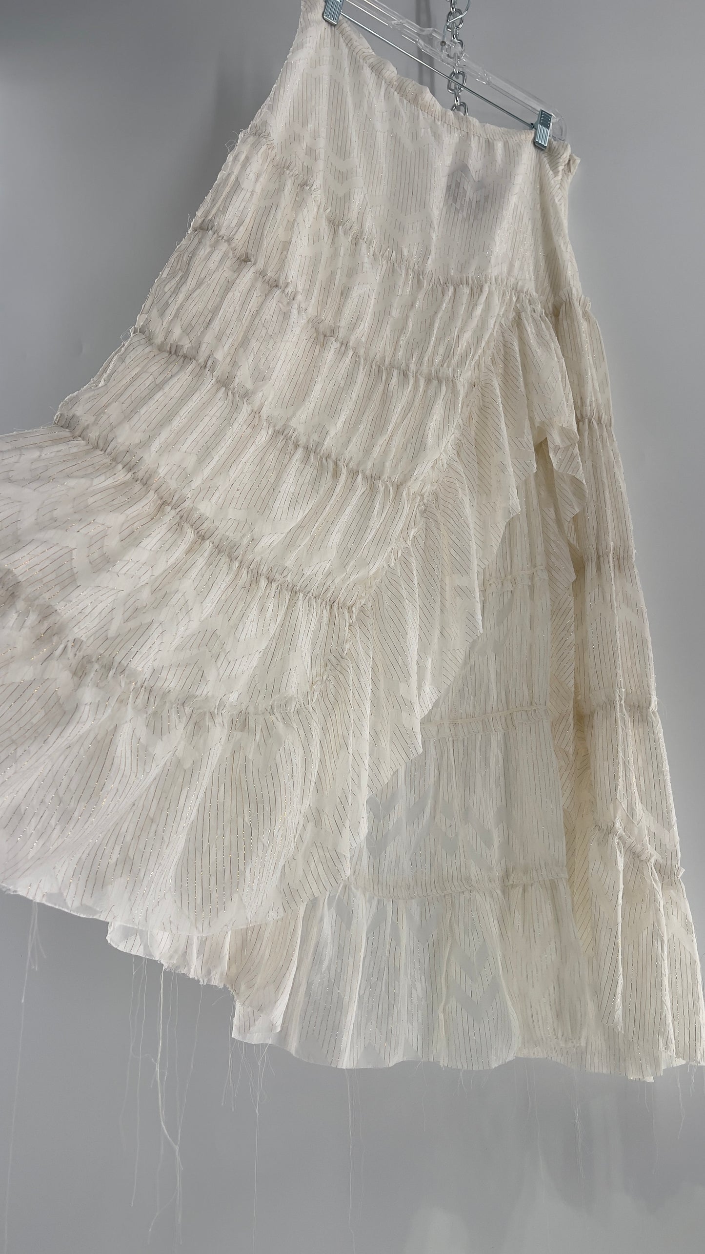 Free People Raw Edge Hem White Gold Tinsel Skirt with Ruffle Side Slit (Small)