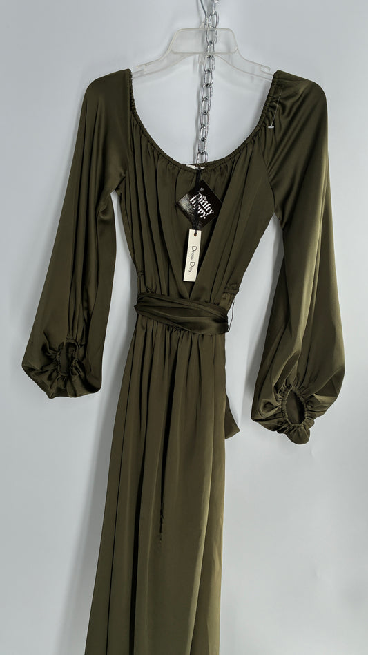 Dress Day Army Green Silky Balloon Sleeve Full Length Gown with Slit and Tags Attached (Medium)