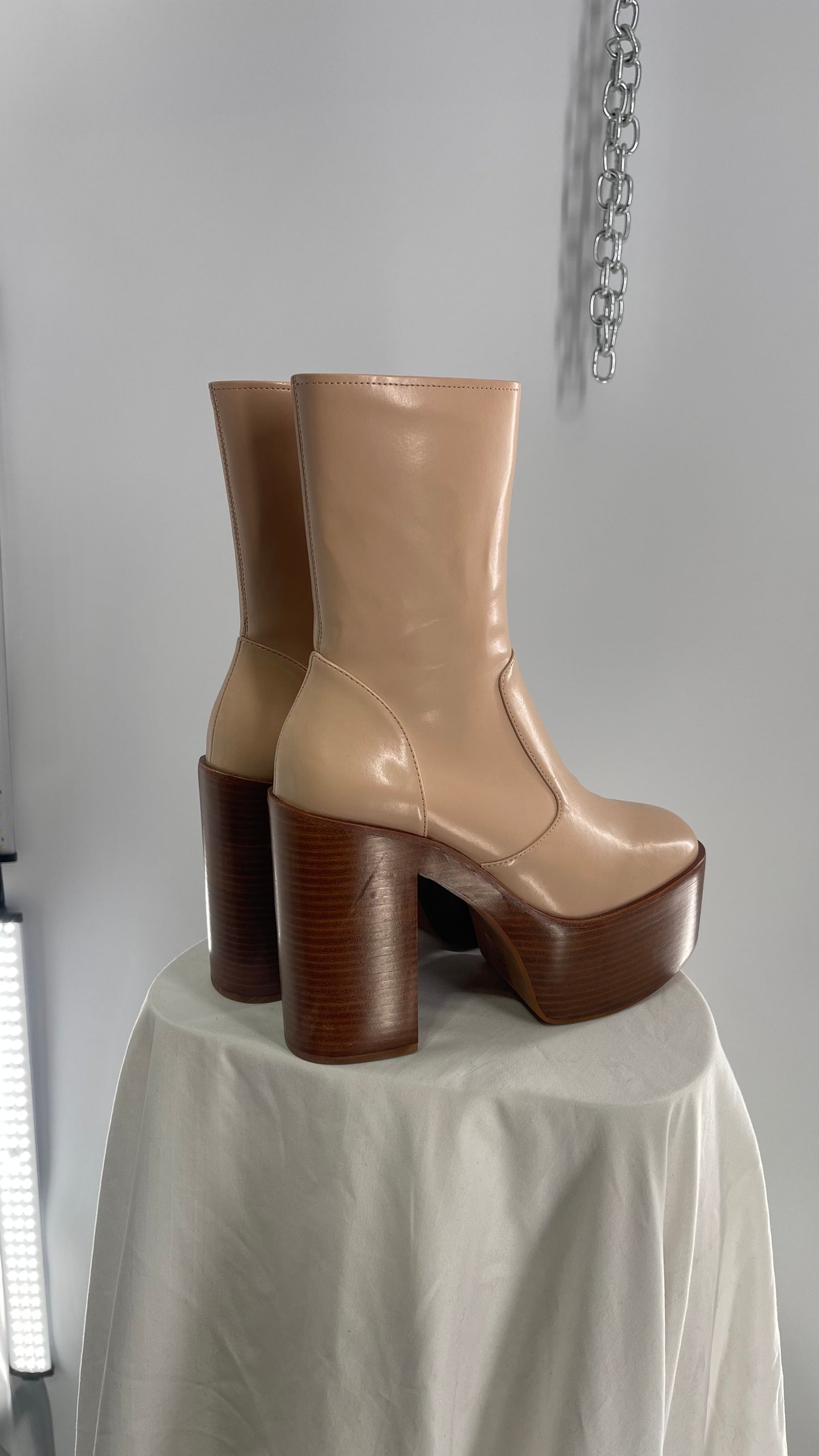 Free People X Jeffrey Campbell Mexique GoGo Boots • Beige Patent Boot with Wood Grain Chunky Block Heel and Platform  (8)