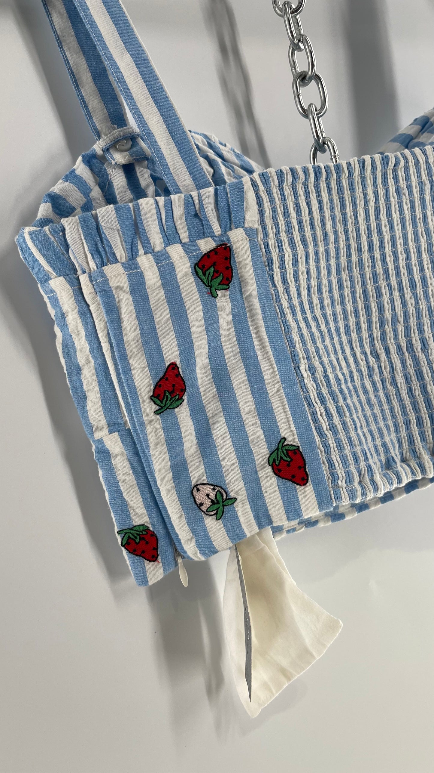 Maeve Anthropologie Baby Blue White Striped Corset Like Crop with Embroidered Strawberries with Tags Attached (12)