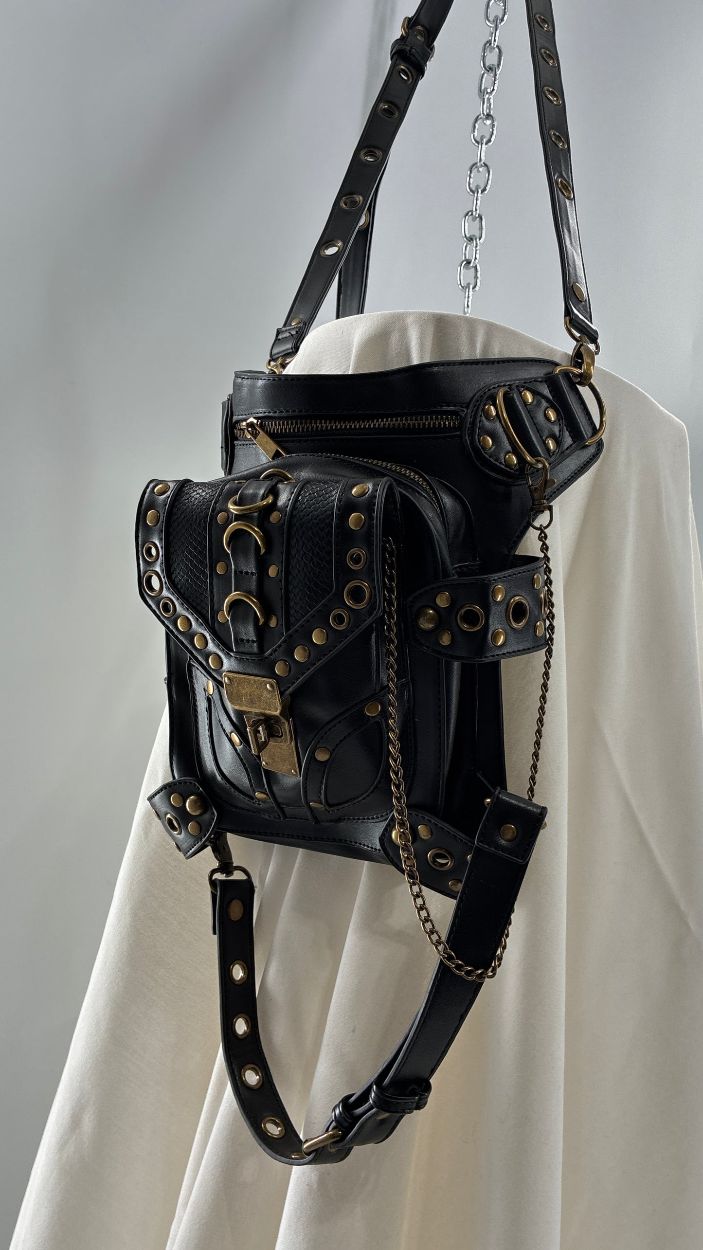Vintage Bronze Studded, Leather Thigh Strap Crossbody Bag