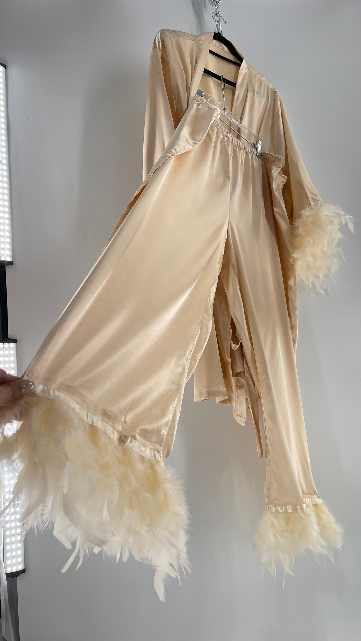 Champagne Satin Loungewear 2piece Set with Ostrich Feather Trim (3XL)