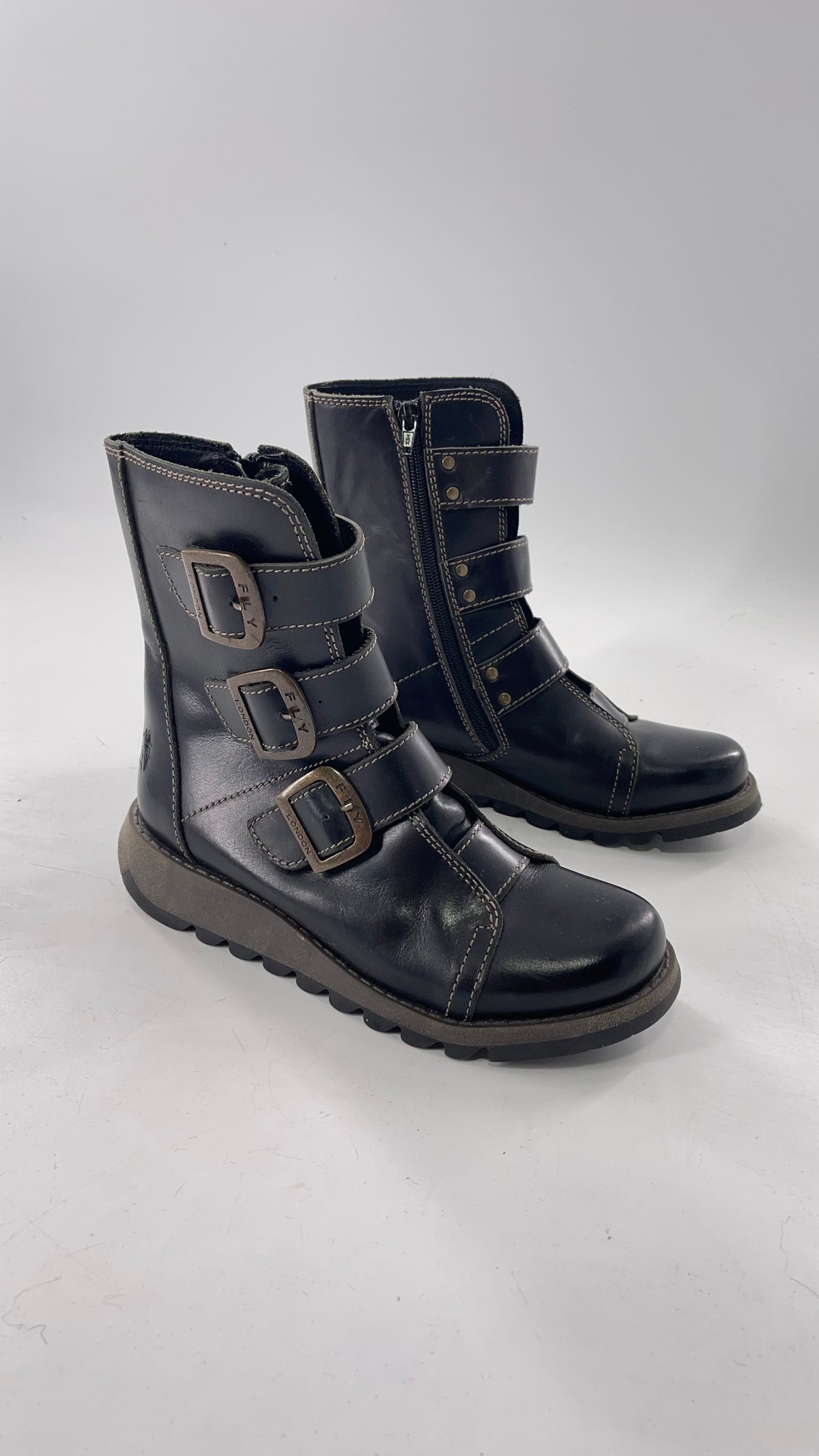 Fly London Black Zipper Side Biker Boot with Oversized Brass Buckles (38)