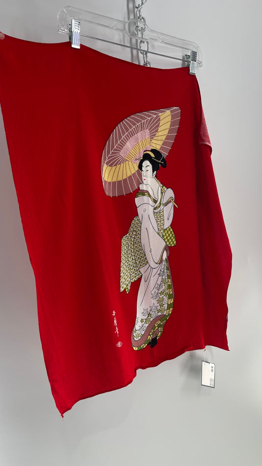 Vintage Rare Japanese Geisha Style Red Scarf