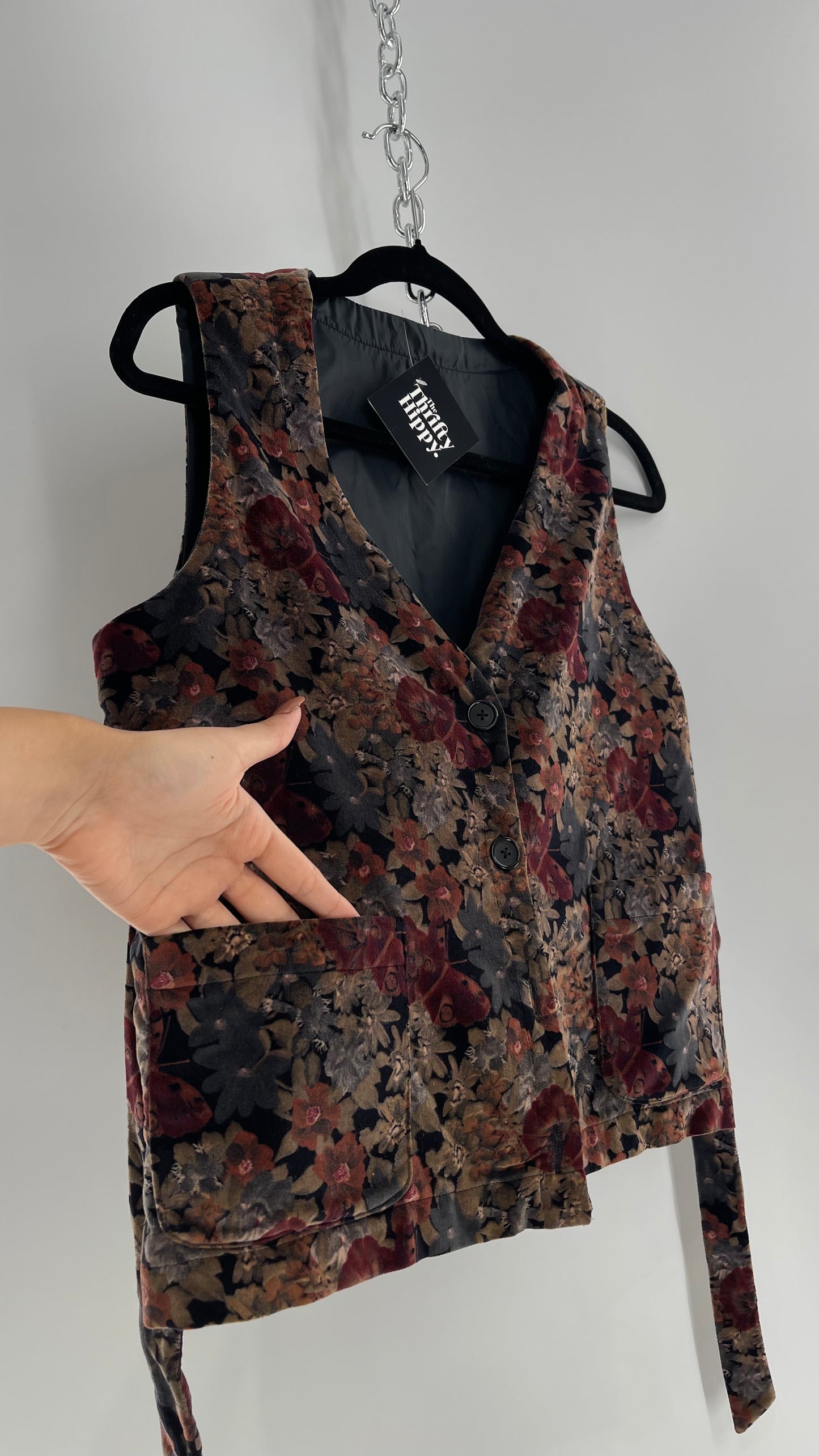 Vintage Muted Florals Velvet Vest with Front Pockets and Waist Tie (Medium)