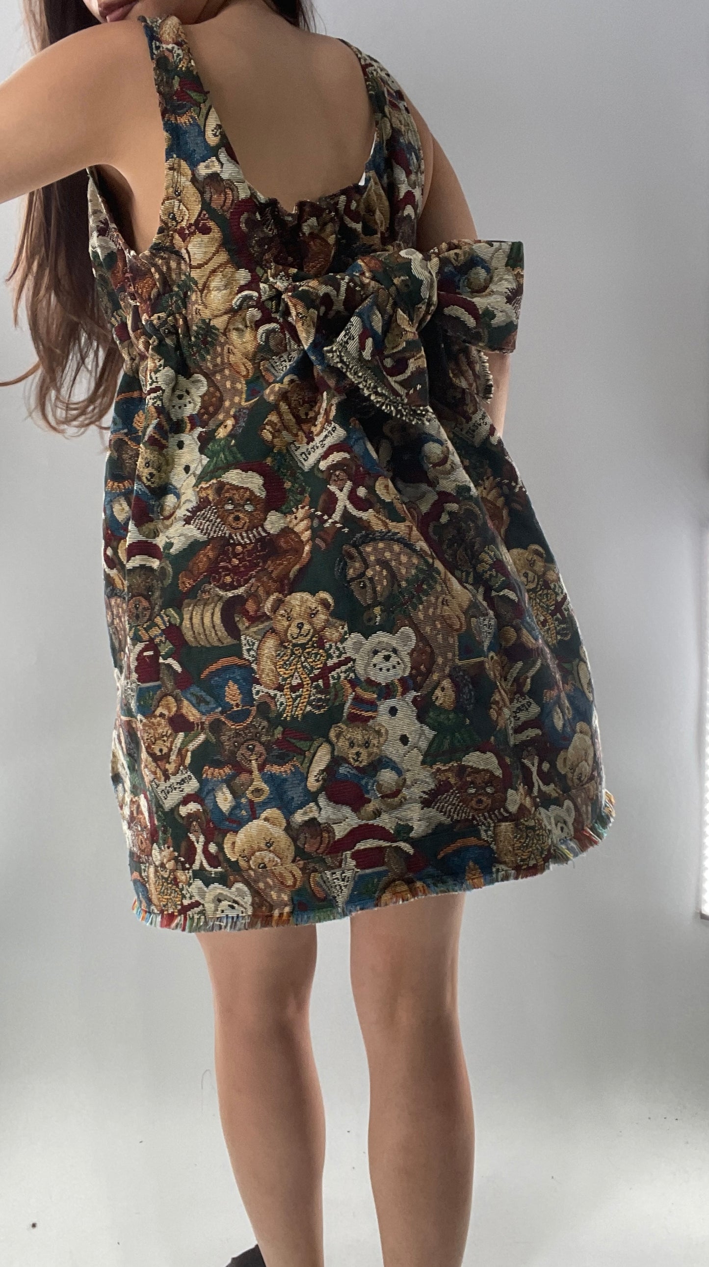 Christmas Custom Teddy Bear Tapestry Babydoll Dress with Bow Back Detail and Adjustable Neckline/Underbust (XS-L)