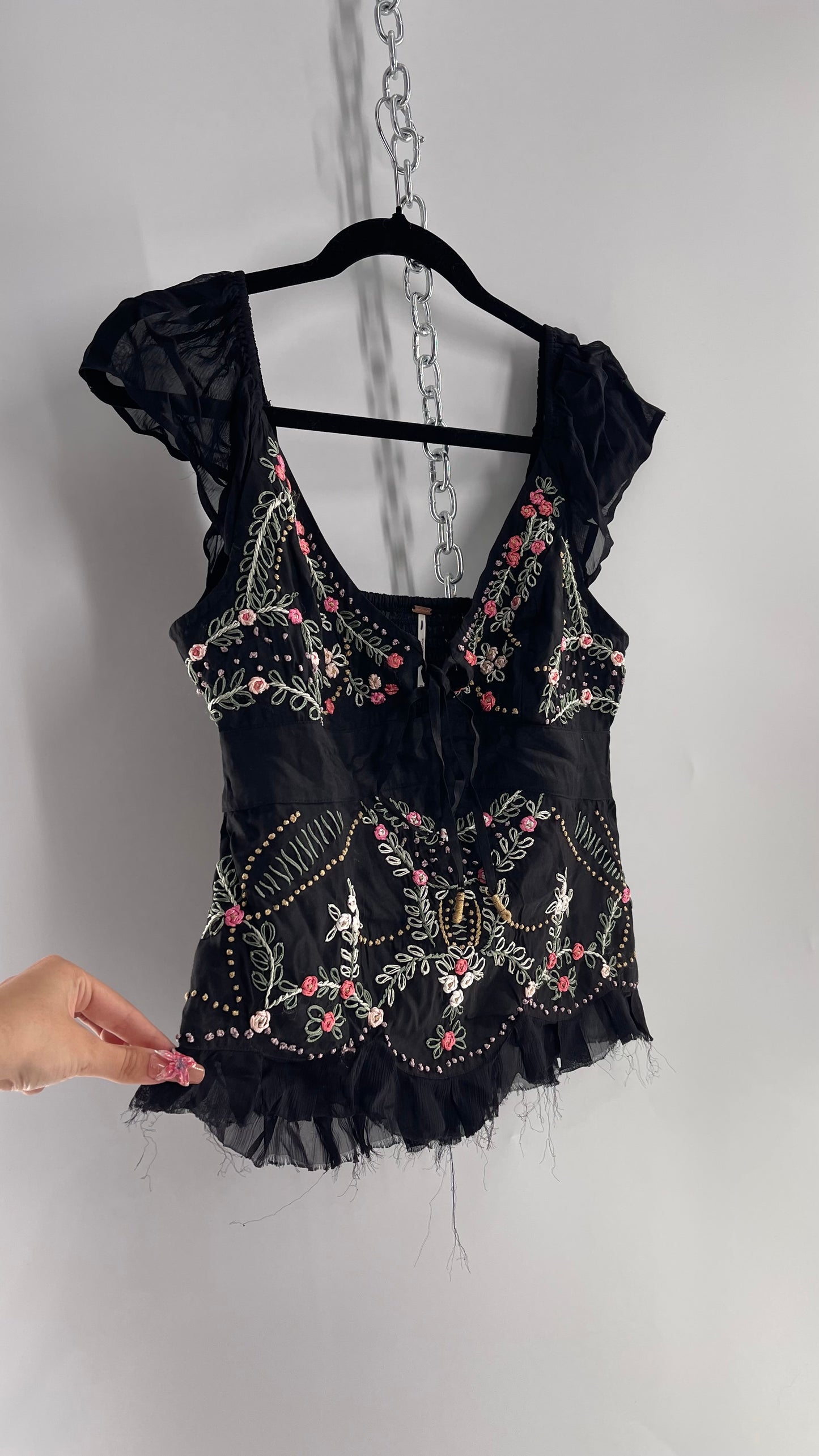 Free People Black Embroidered Tunic Blouse (XS)