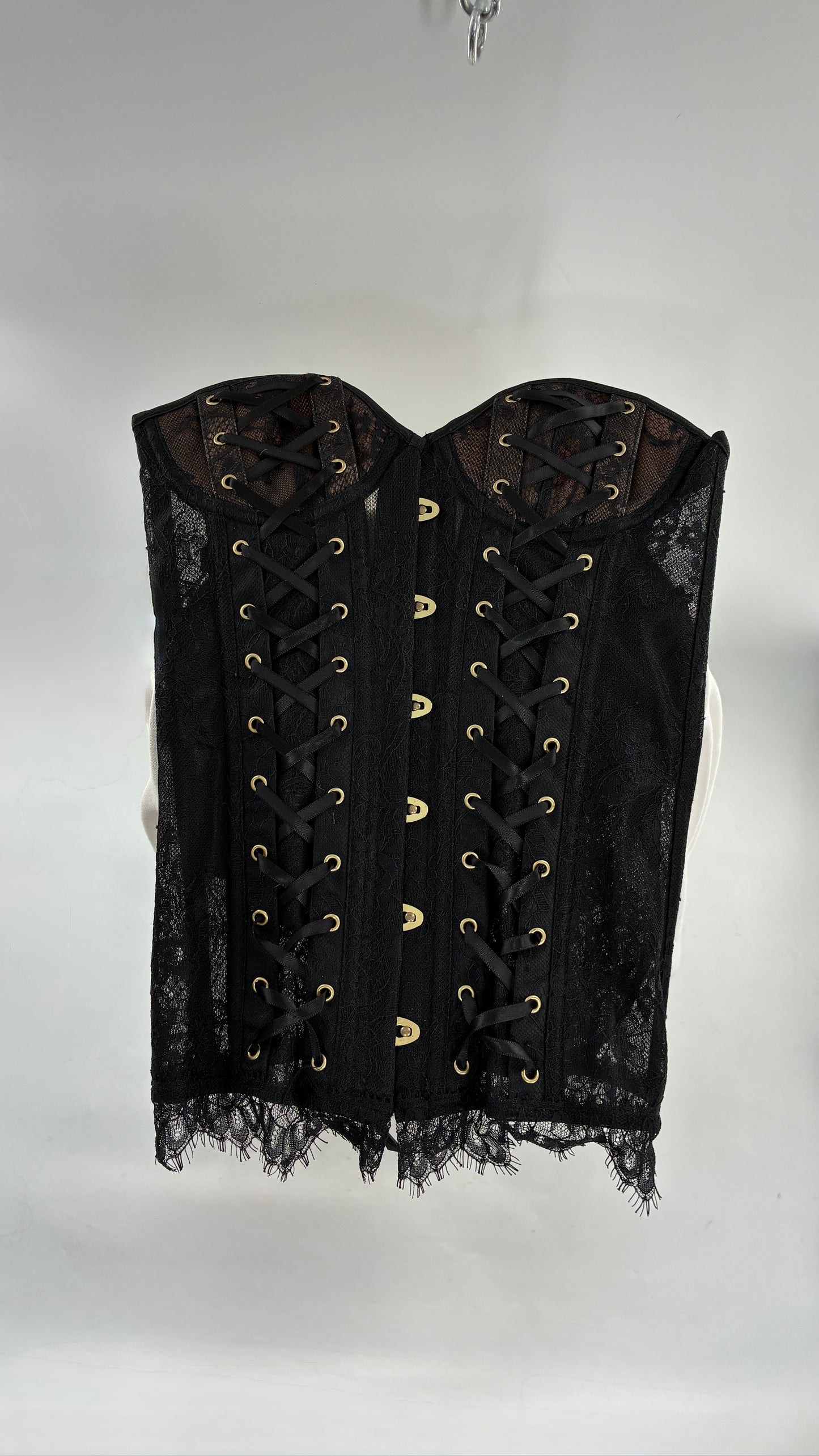 Vintage ADORE ME Lace Up Black Lace Corset with Nude Underlay (Small)