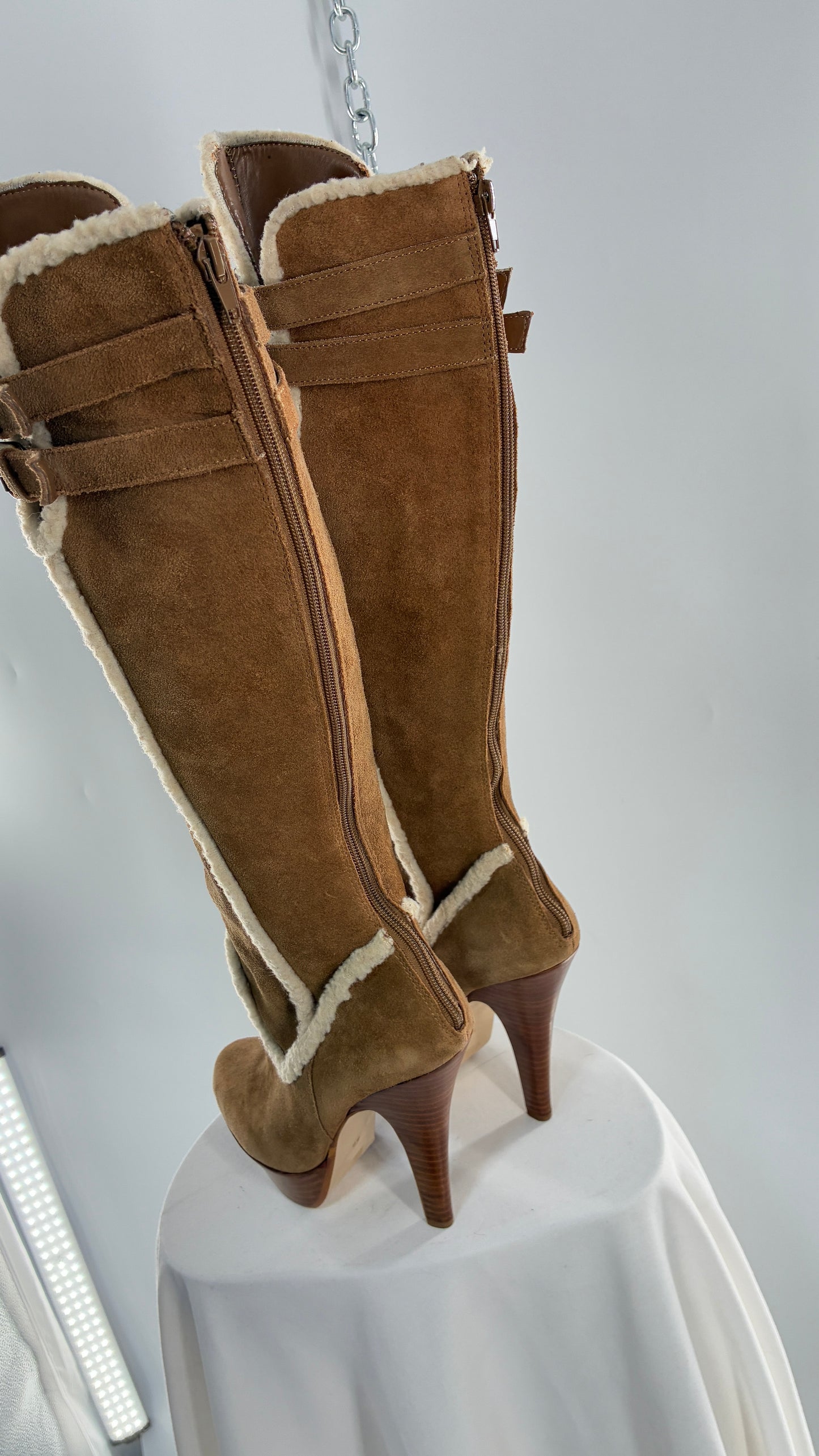 Vintage BEBE Genuine Suede Leather Stiletto, Platform Knee High Boots with Shearling Piping (8B)