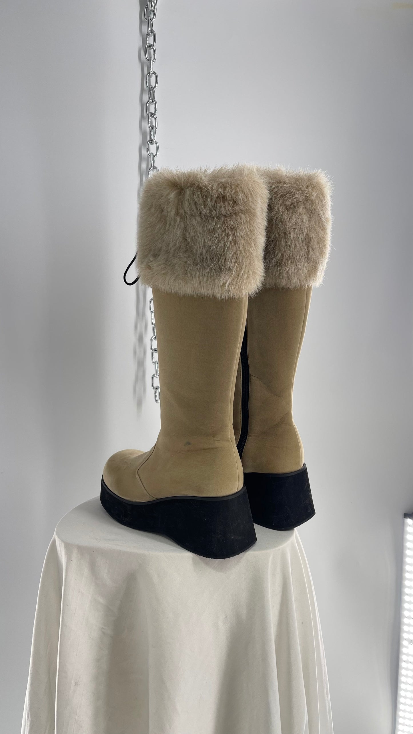 Vintage Faux Fur Trim Tan Platform Wedge Knee High Boots (6)