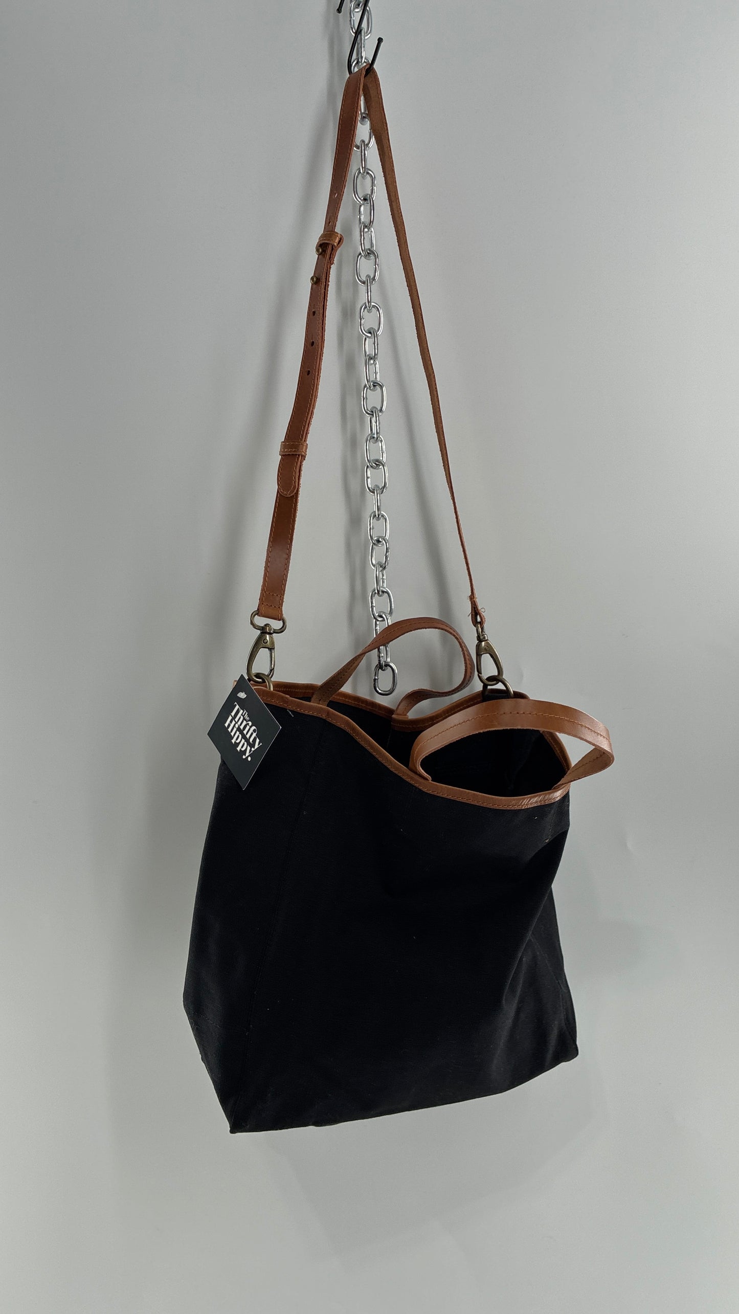 Urban Outfitters Large Black Cotton Tote Bag with Inner Pockets, Genuine Leather Lining and Straps