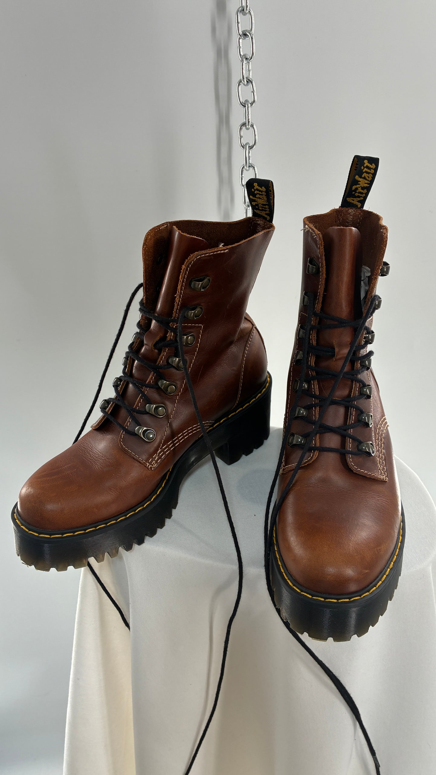 DR. MARTENS Leona Saddle Leather Platform Boots (9L)