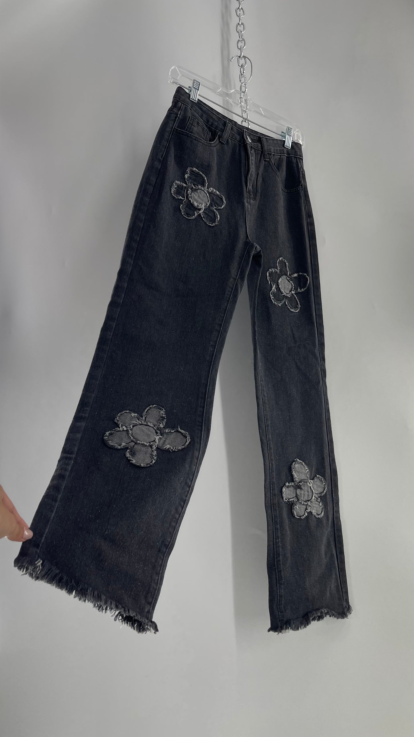 Gray Kickflare Jeans with Distressed Flower Patches (XS)