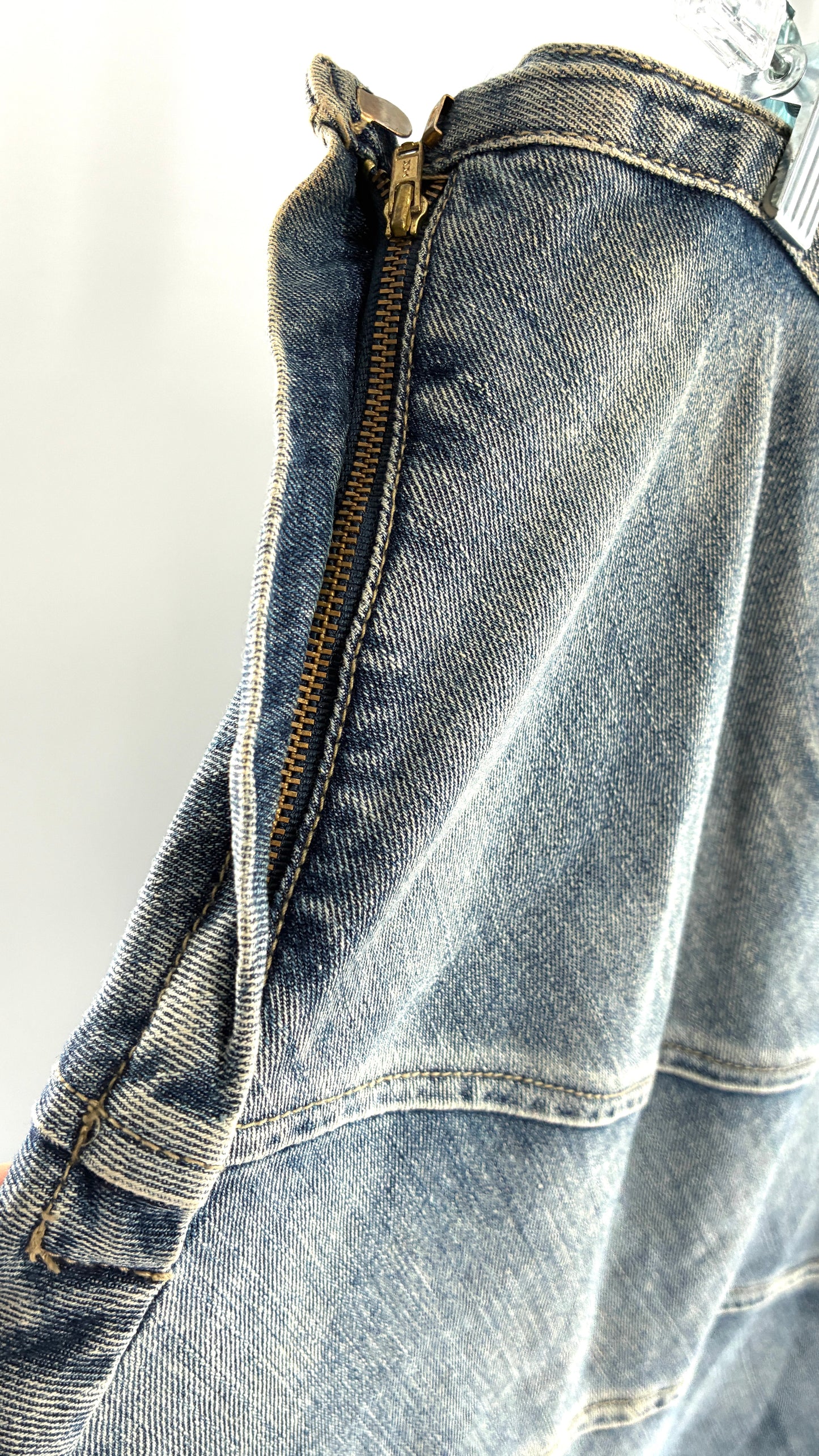 Vintage JEANOLOGY Tiered Denim Skirt with Fading and Stone Wash (16W)