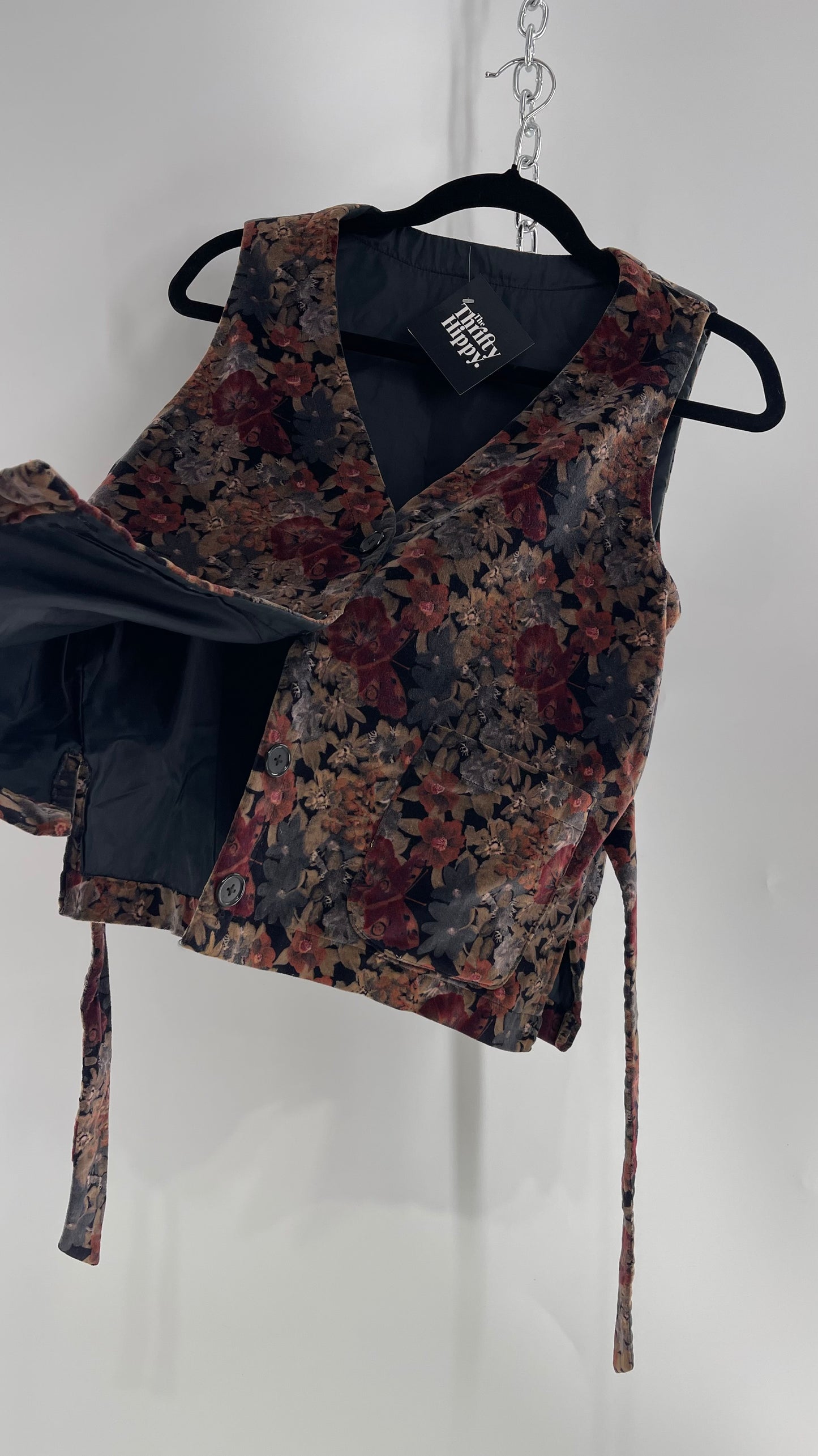 Vintage Muted Florals Velvet Vest with Front Pockets and Waist Tie (Medium)