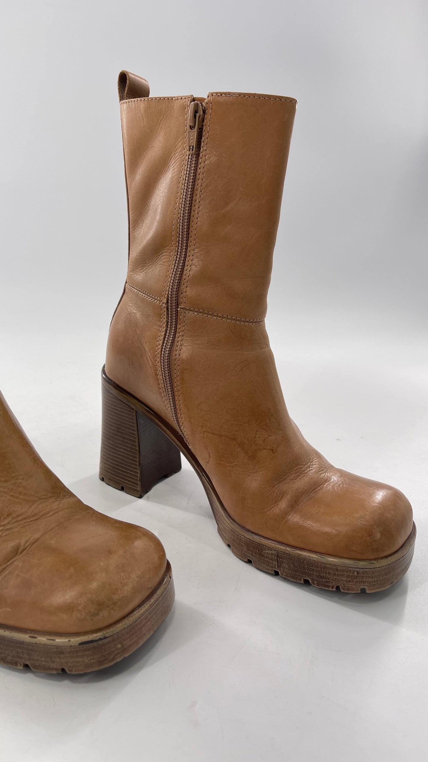 Vintage 90s Steve Madden Tan Leather Funky Square Toe Boot with Platform and Chunky Heel