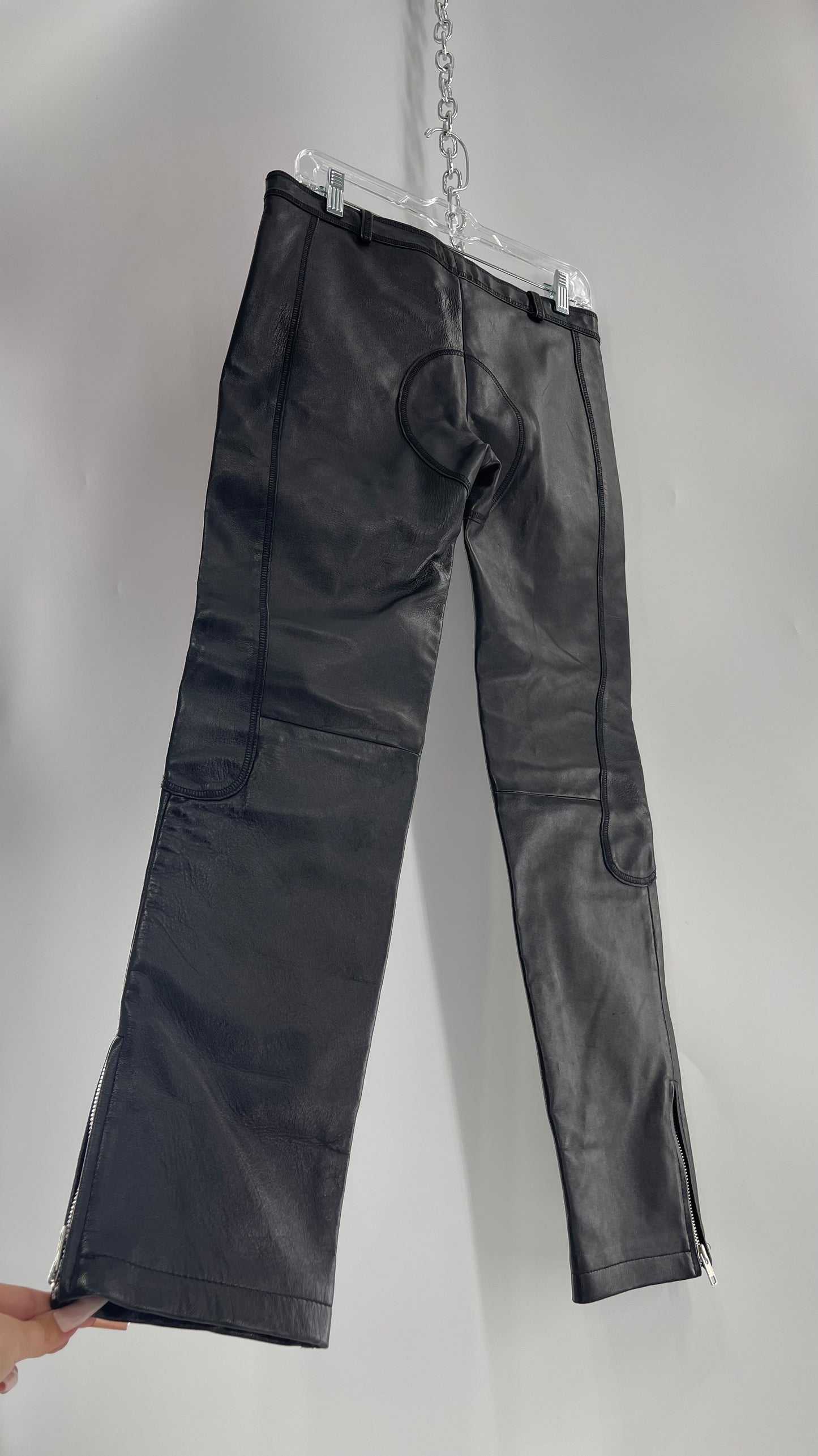 PAOLA FRANI 1990s Black Genuine Leather Low Waisted, Zip Front, Patched Bum and Knee Pants (8)