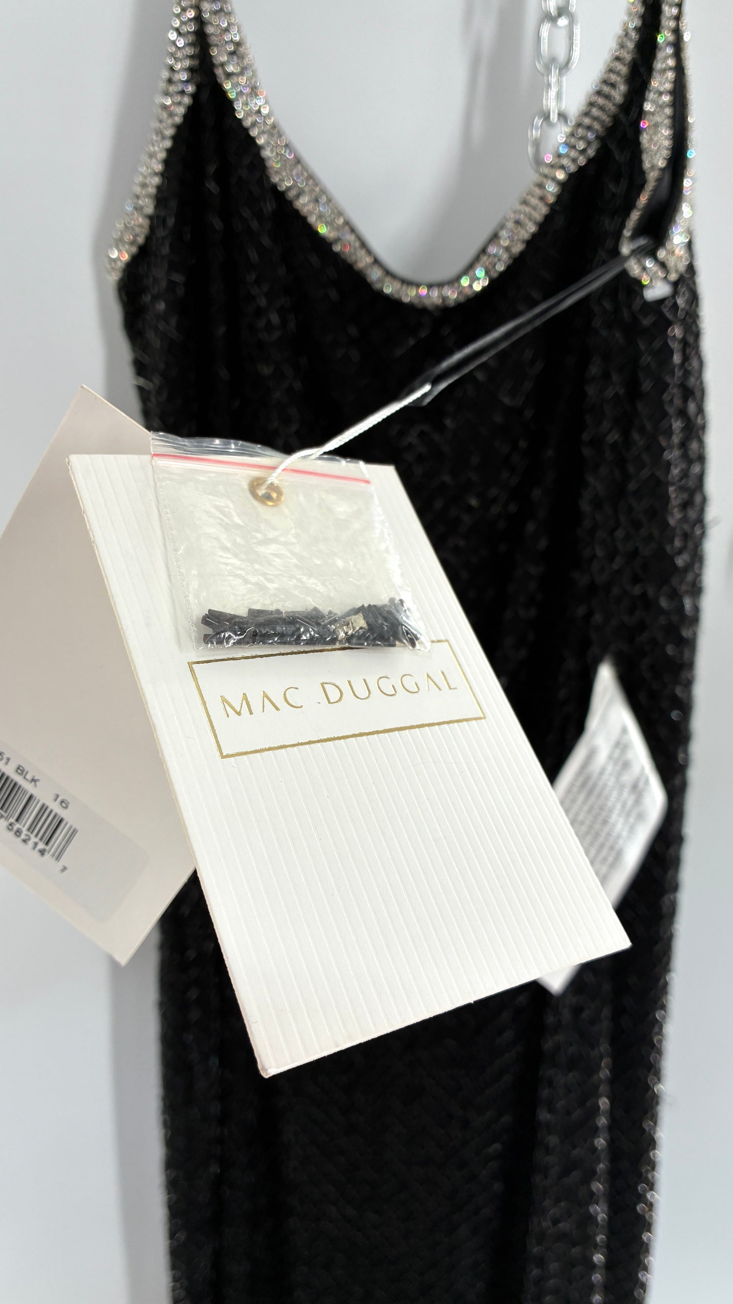 Vintage MAC DUGGAL Black Beaded Spaghetti Strap Column Gown with Tags Attached (16)