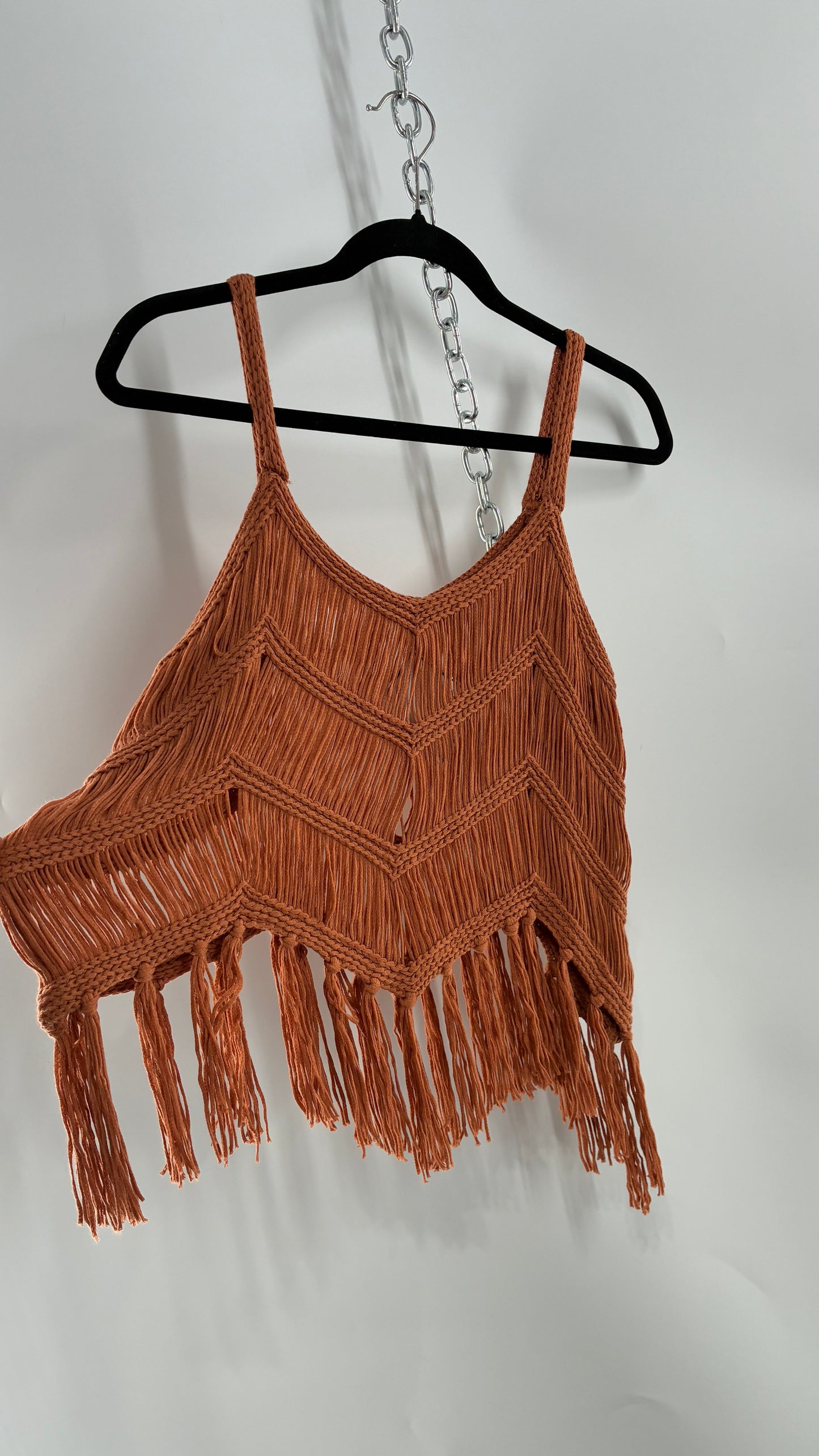 Vintage Rust Orange Macrame Fringe Sleeveless Top (Large)