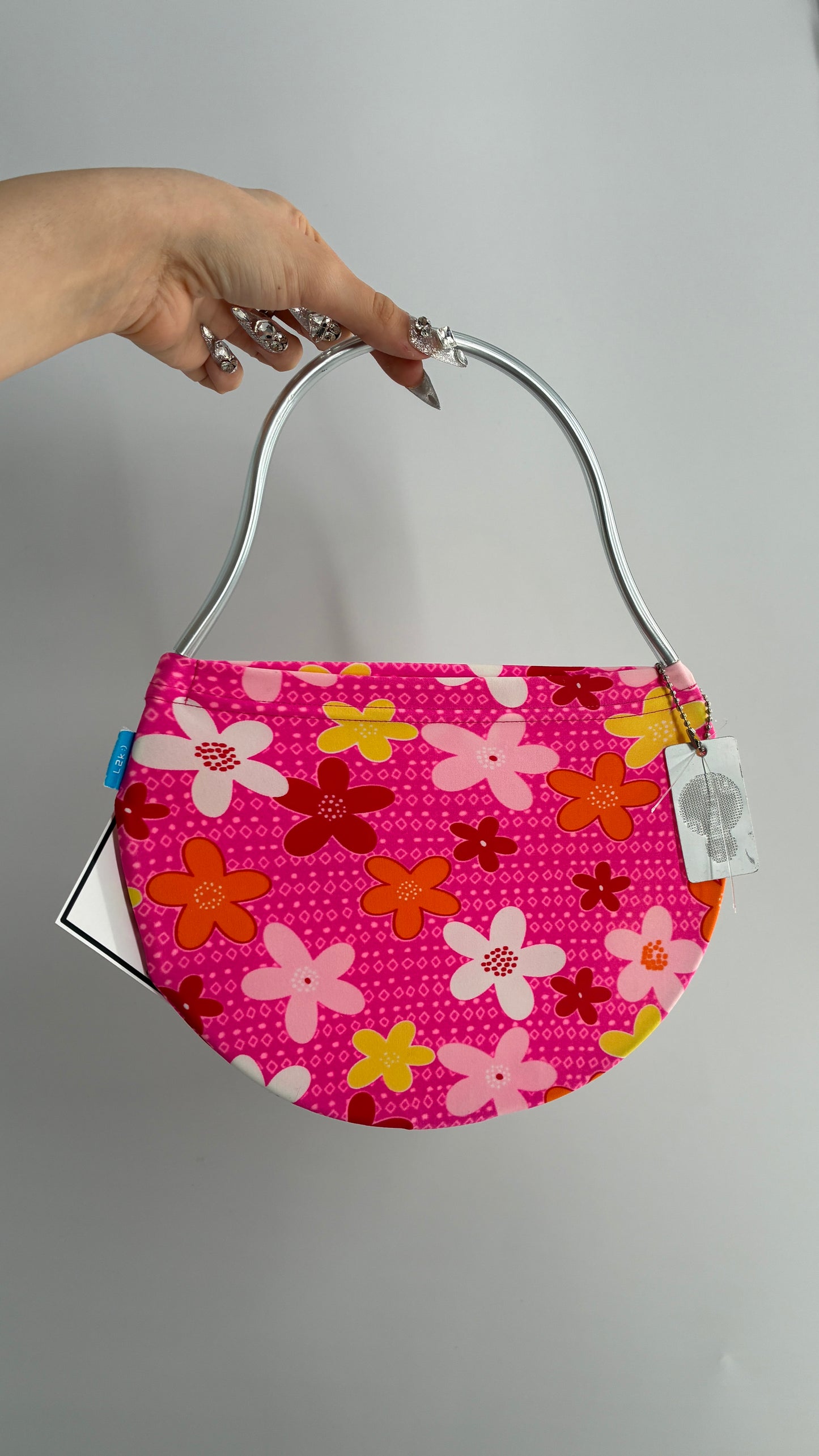 VALDESIGN Half Circle Pink Floral 2D Hand Bag with Metal Abstract Handbag
