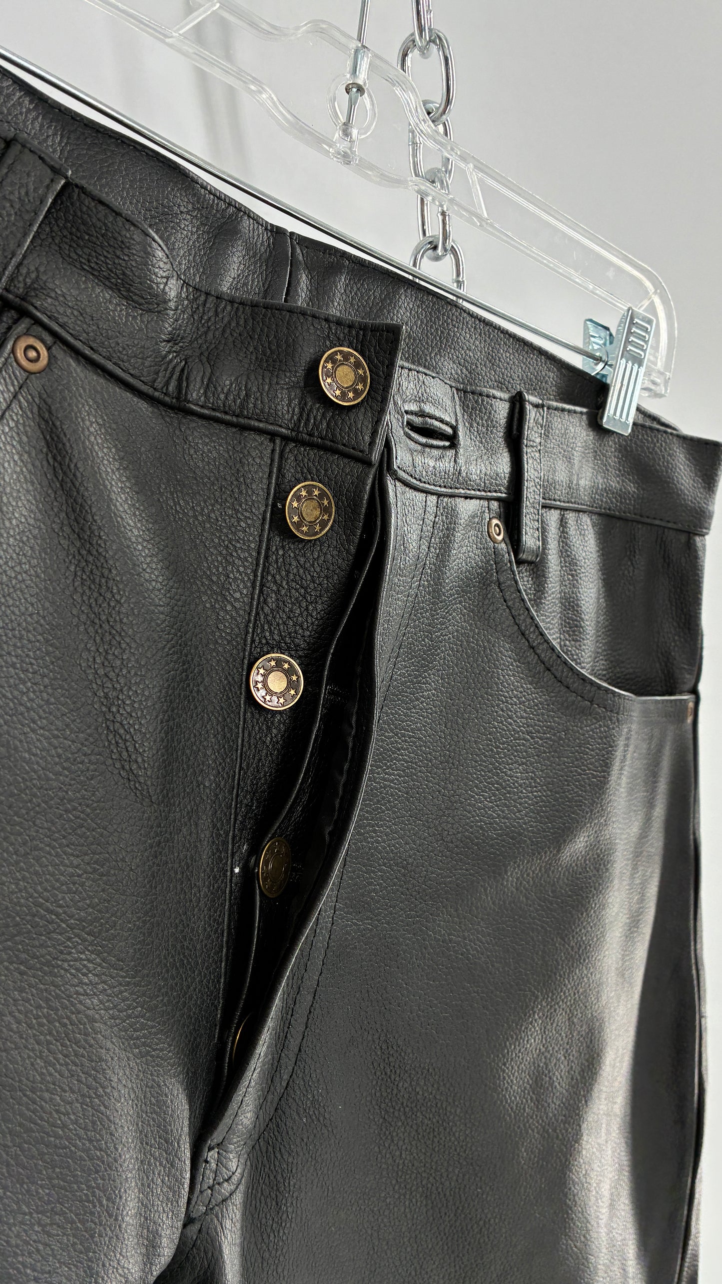 Vintage Button Front, French, Black, Thick Genuine Leather Pants (36)