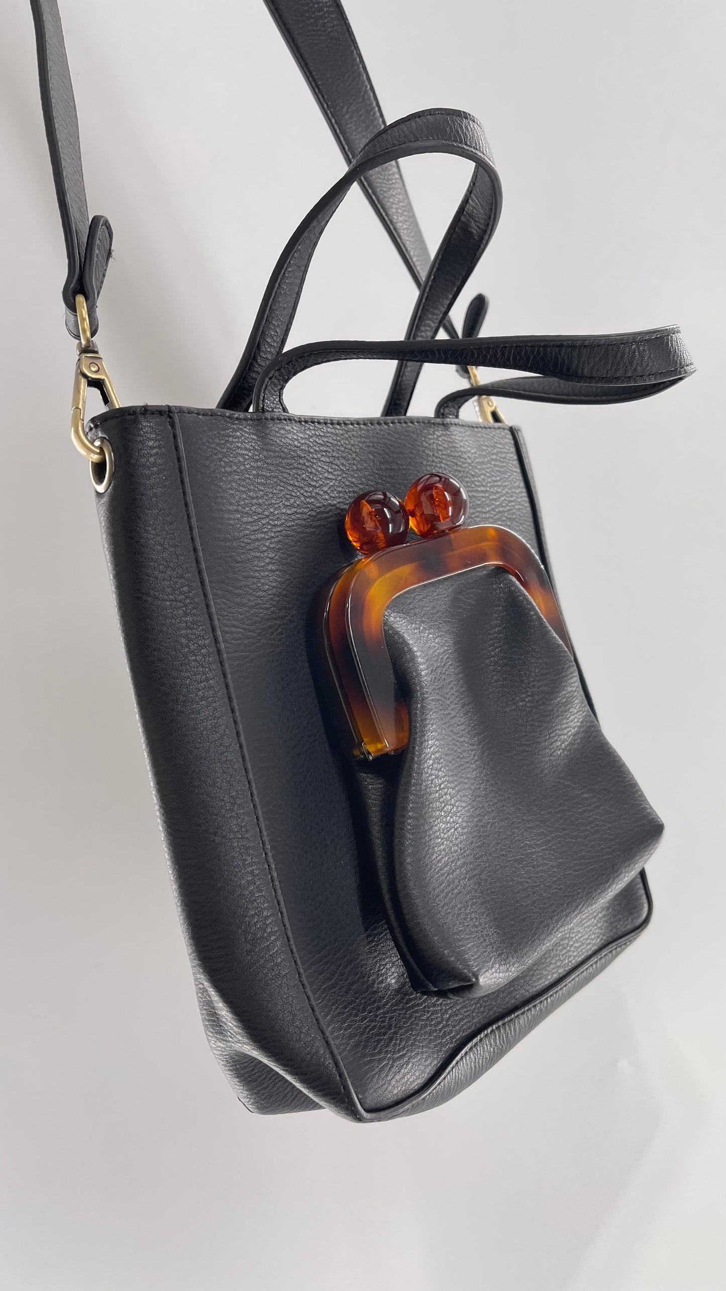 Anthropologie Black Vegan Leather Purse with Detachable Coin Purse and Strap