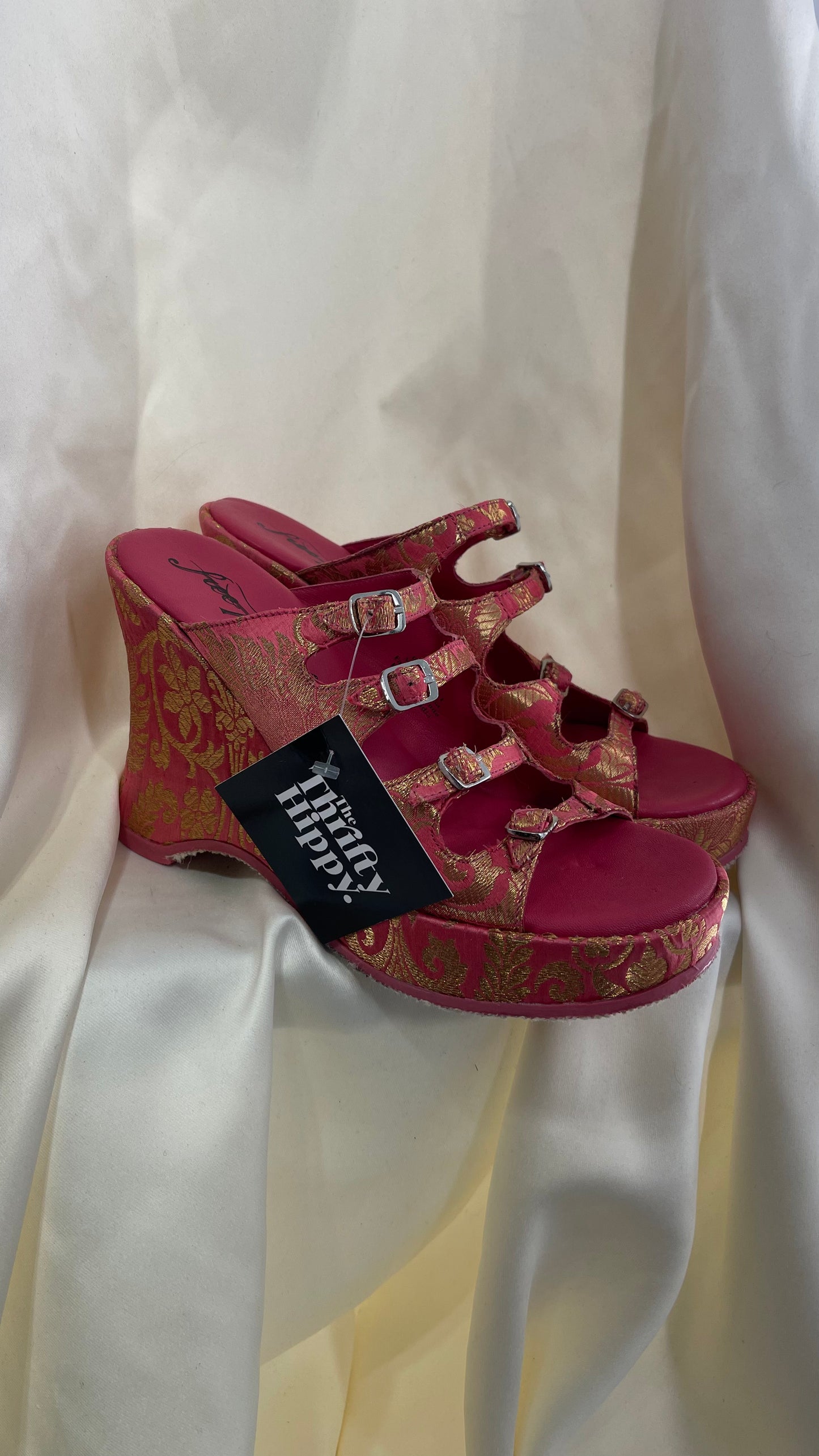 Free People Hot Pink Hoffman Buckle Front Wedge Heels with Satin Gold Paisley/Brocade Pattern (37)