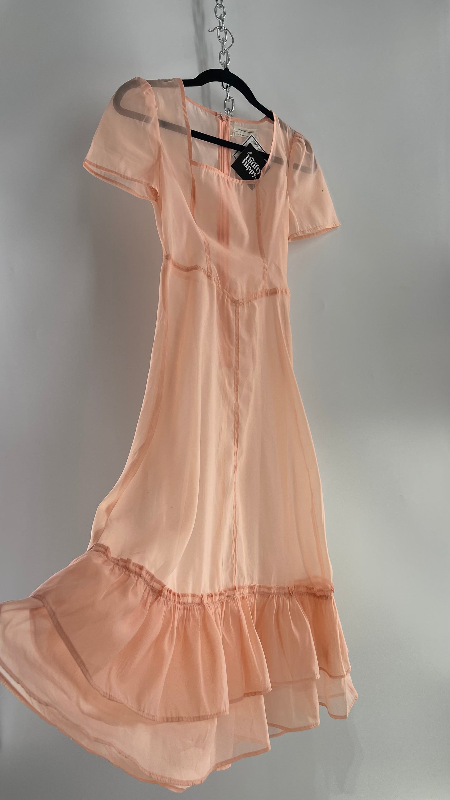 Urban Outfitters Pink/Peach Voile Vintage Inspired MIDI Dress with Ruffled Hem (XS)