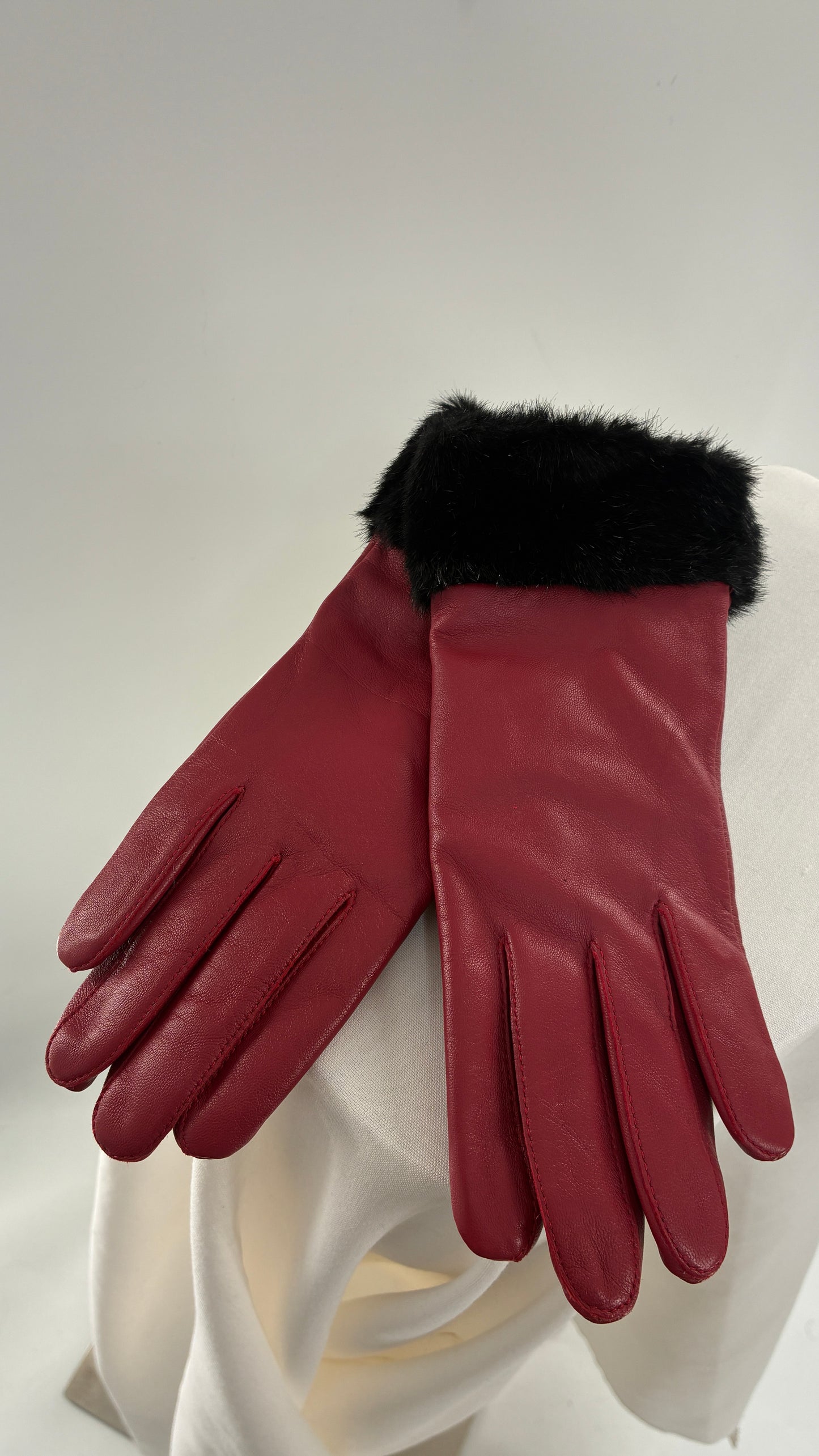 Vintage Red Leather Gloves with Faux Fur Trim