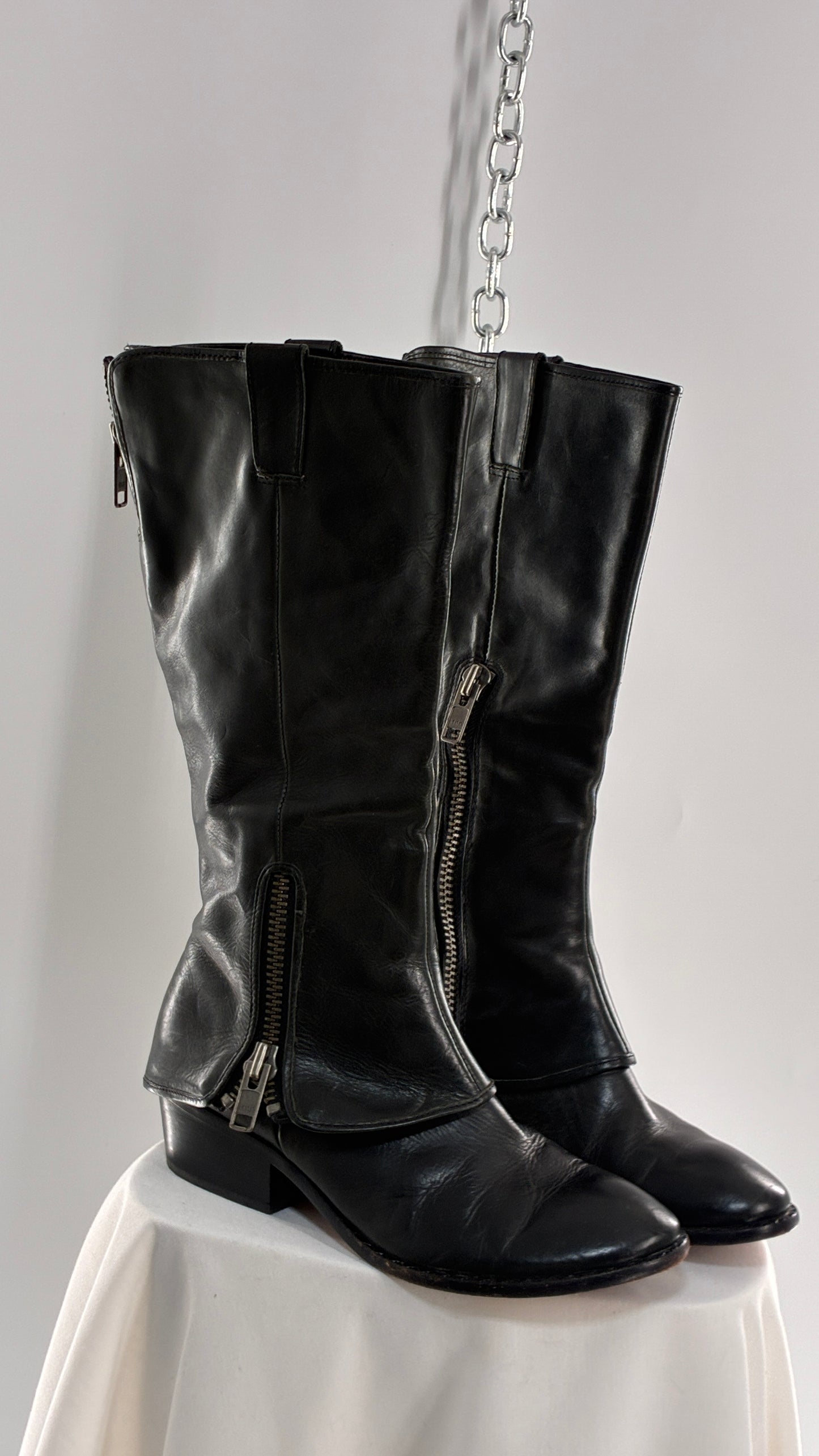 Vintage KORK EASE Black Genuine Leather Fold Over Boots with Heavy Metal Detailing (9/40.5)