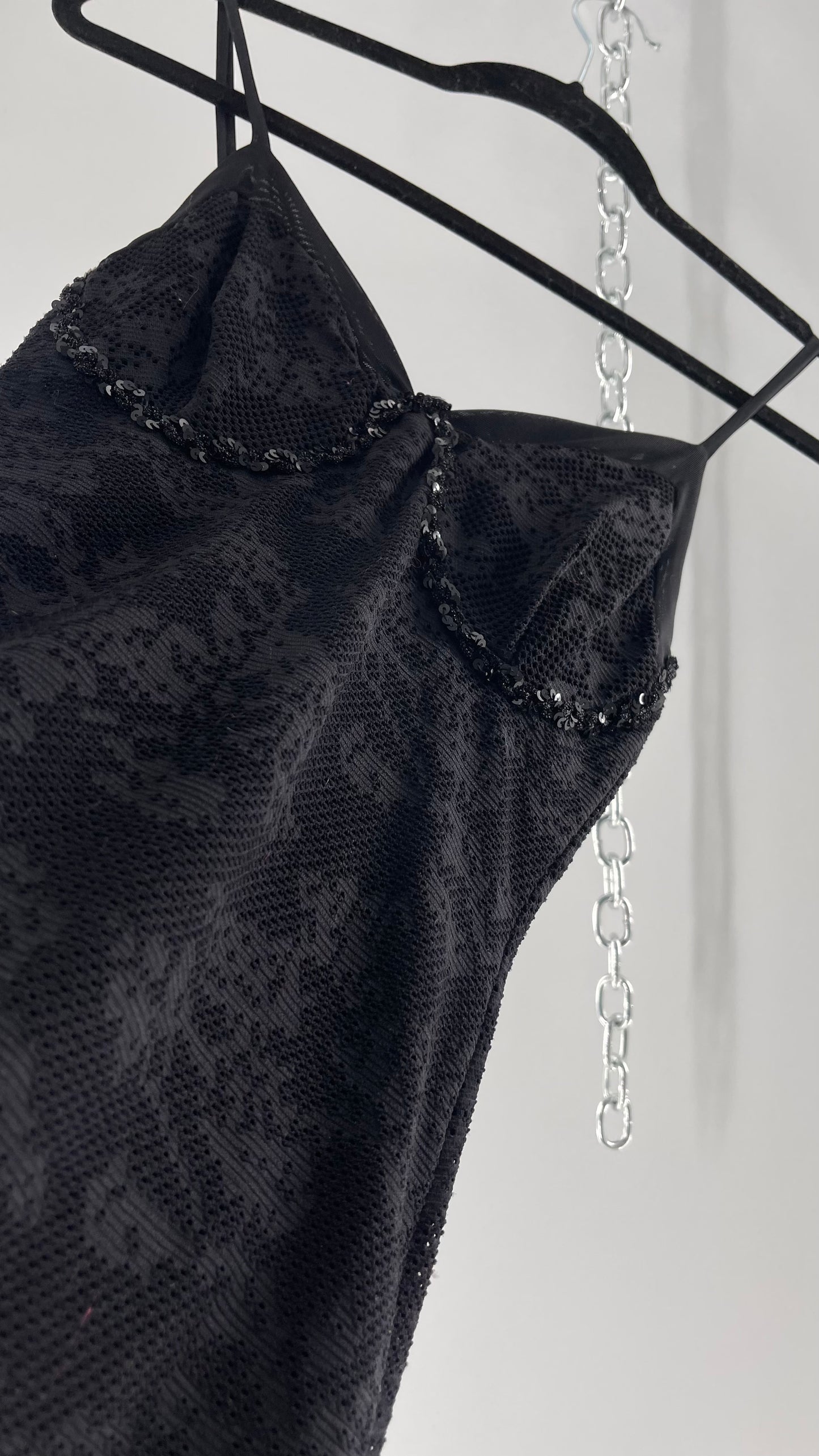 Vintage Black Lace Bodycon Dress with Sequin Underbust Detailing (XS)