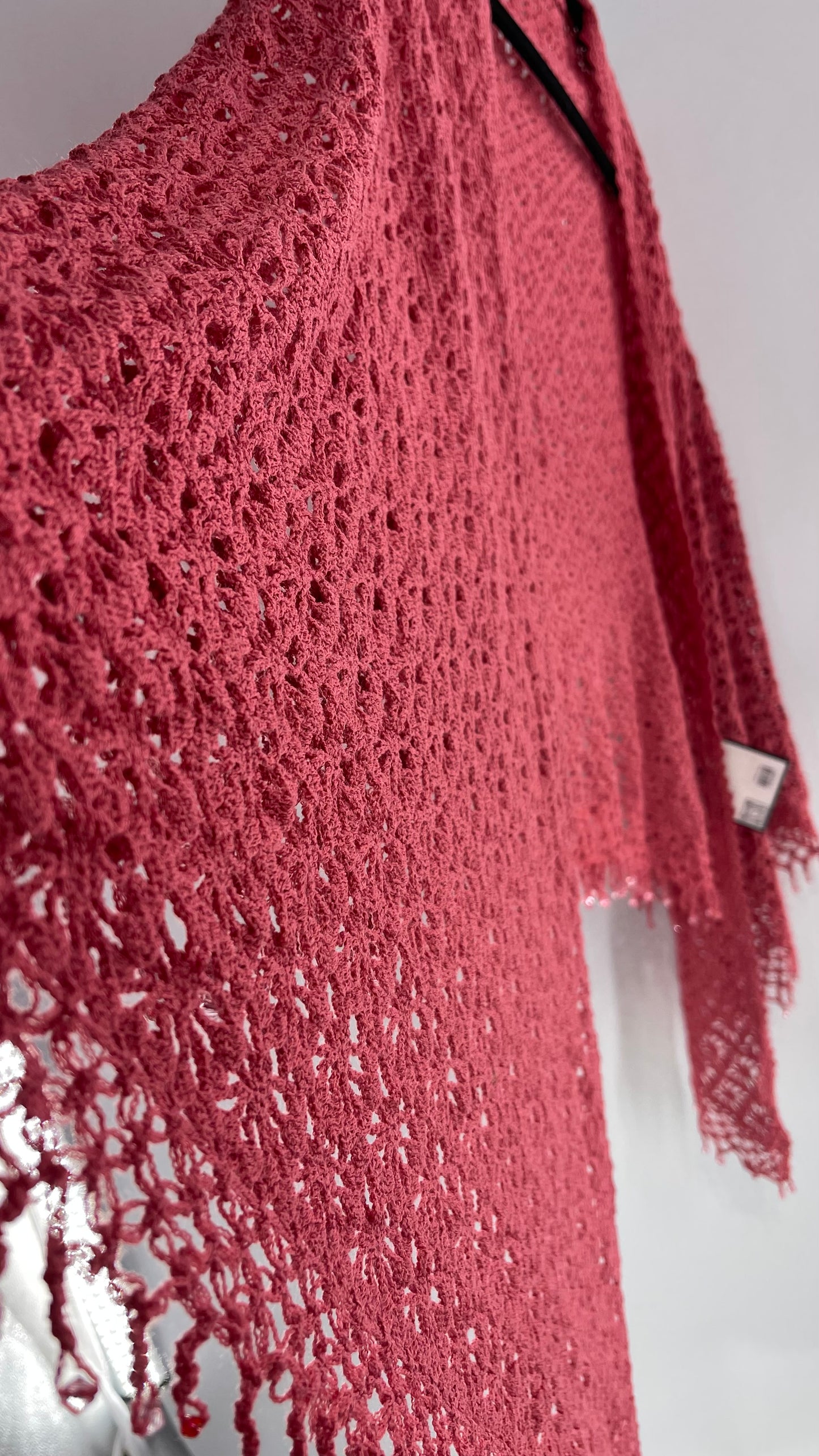 Vintage Hand Crochet Pink Shawl with Beaded Fringe Hem (One Size)