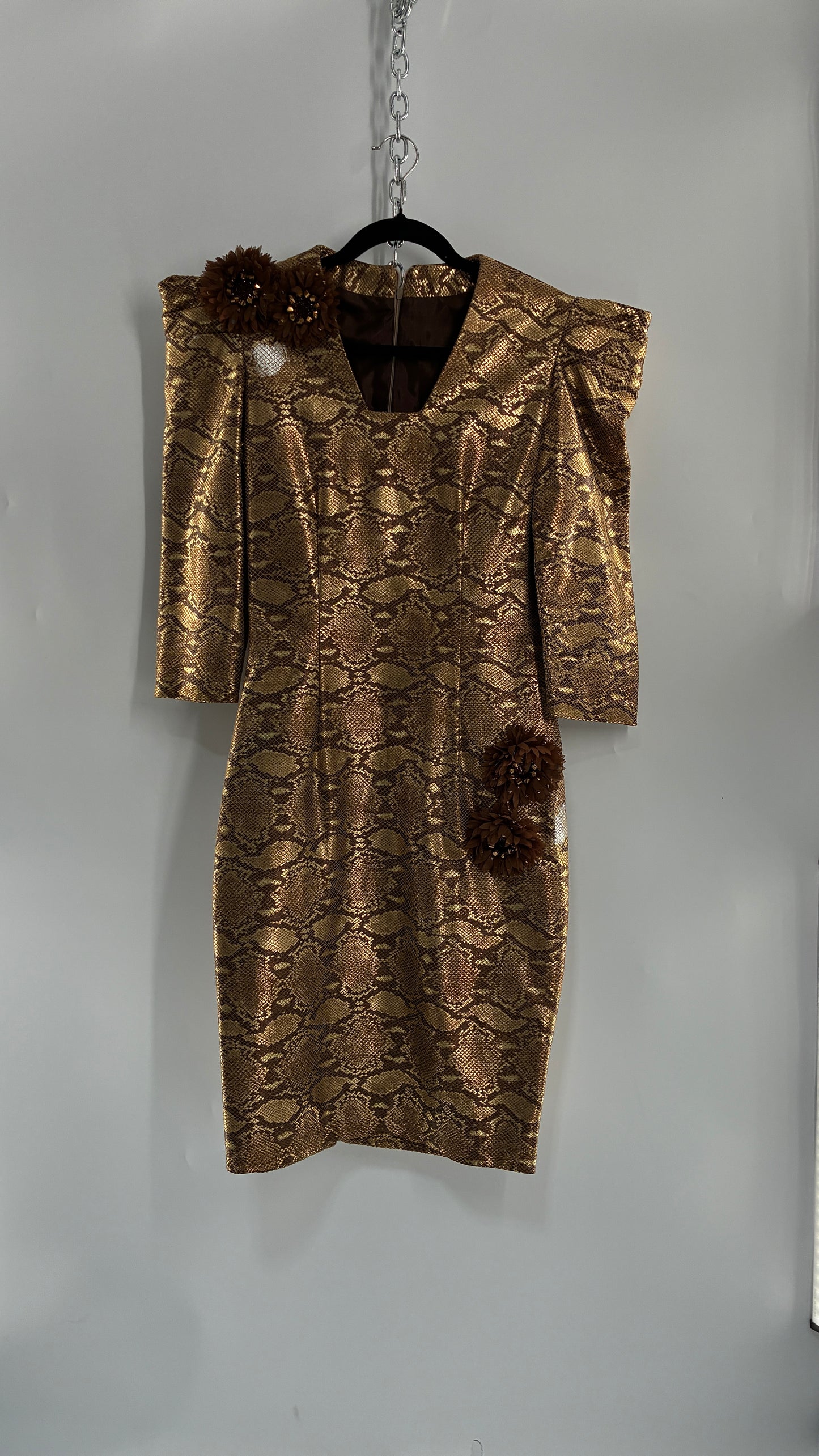 Vintage 1980s Handmade Genuine Leather Snakeskin Bronze Midi Dress with Floral Appliqués (Medium, See Measurements)