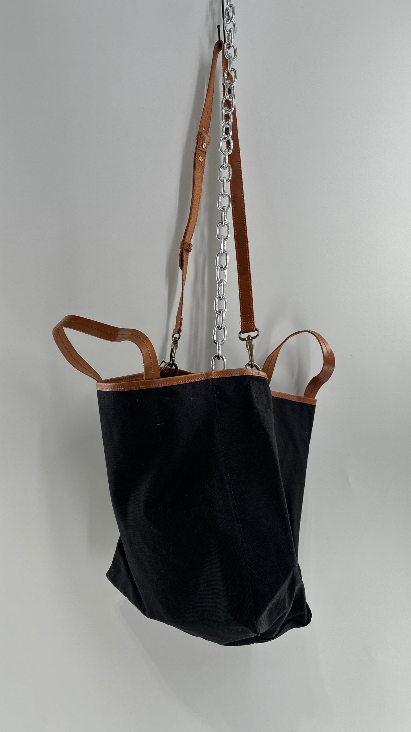 Urban Outfitters Large Black Cotton Tote Bag with Inner Pockets, Genuine Leather Lining and Straps