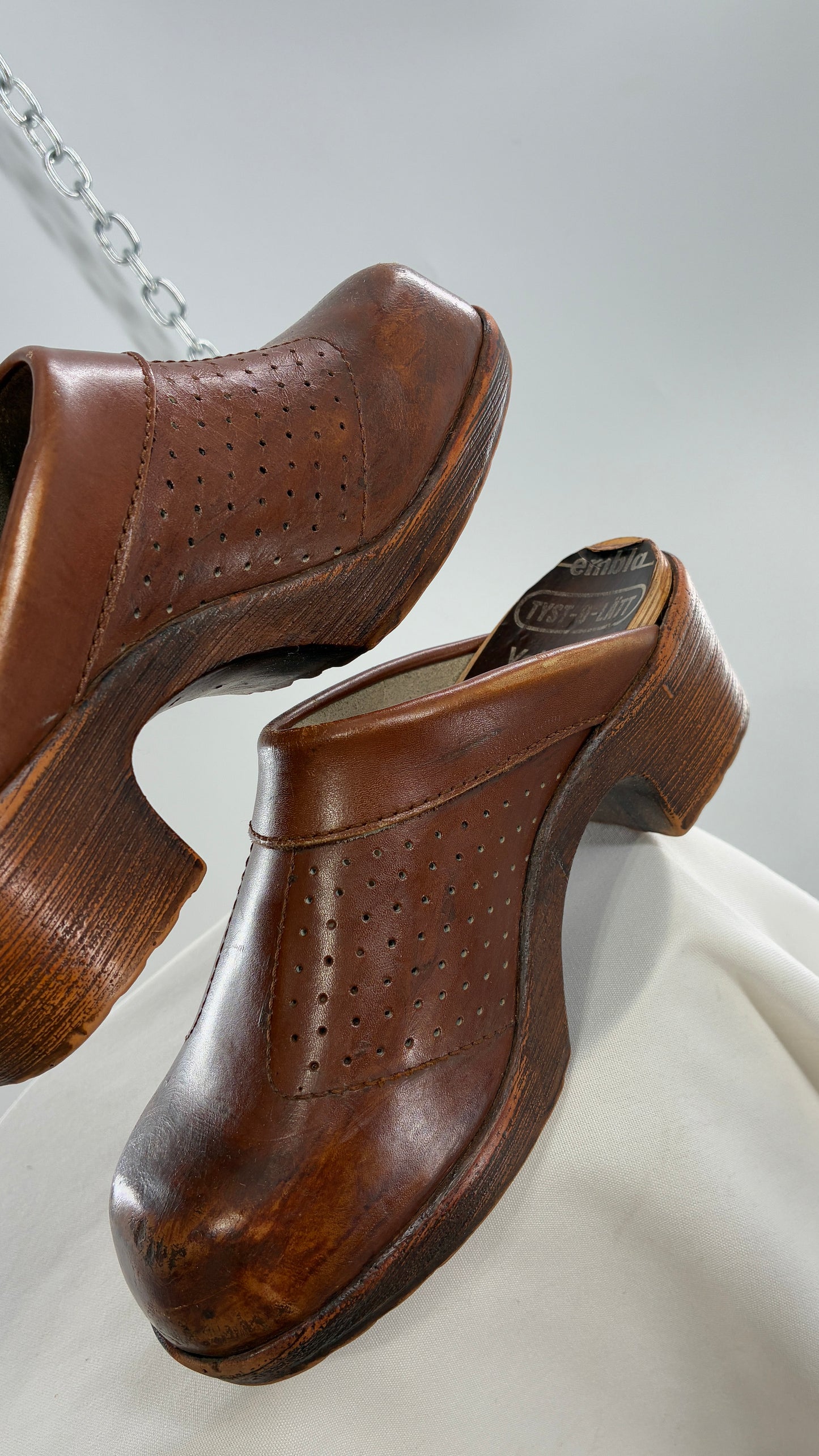 Vintage EMBLA 1970s Brown Leather, Wooden Clogs (37)