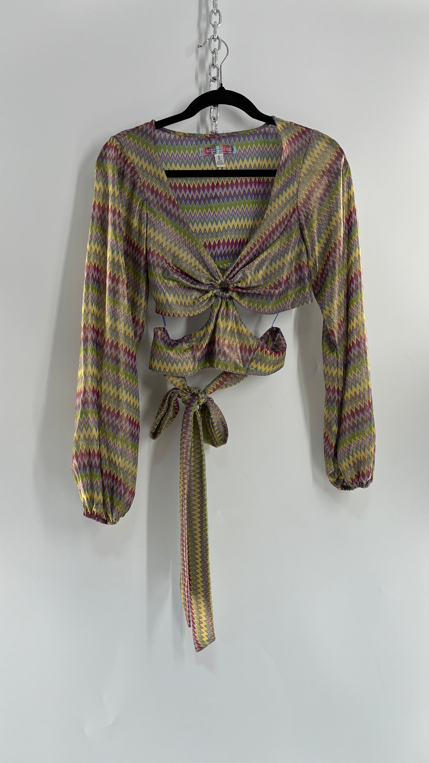 Urban Outfitters Green Open Side Tie Around, Balloon Sleeve Sparkle Top (Small)