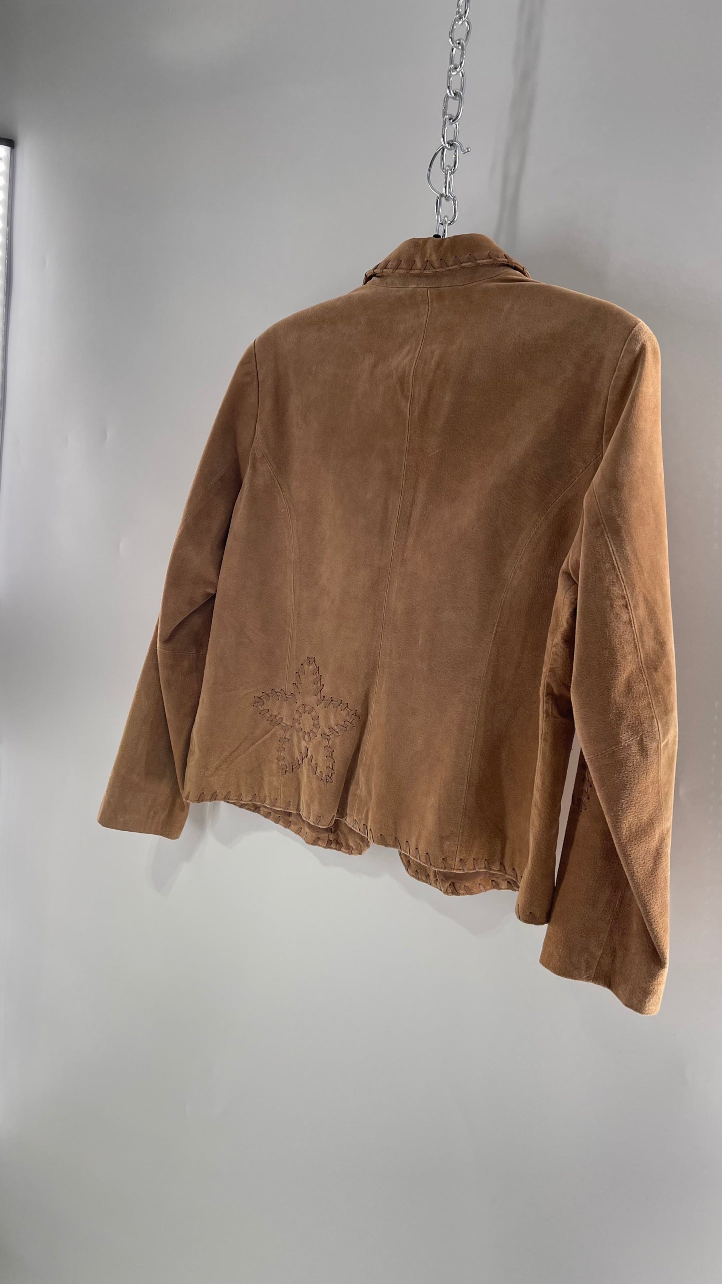 Vintage Rare Light Brown Genuine Suede Blazer with Embroidered Suede Flower and Contrasting Thick Leather Stitching (Medium)