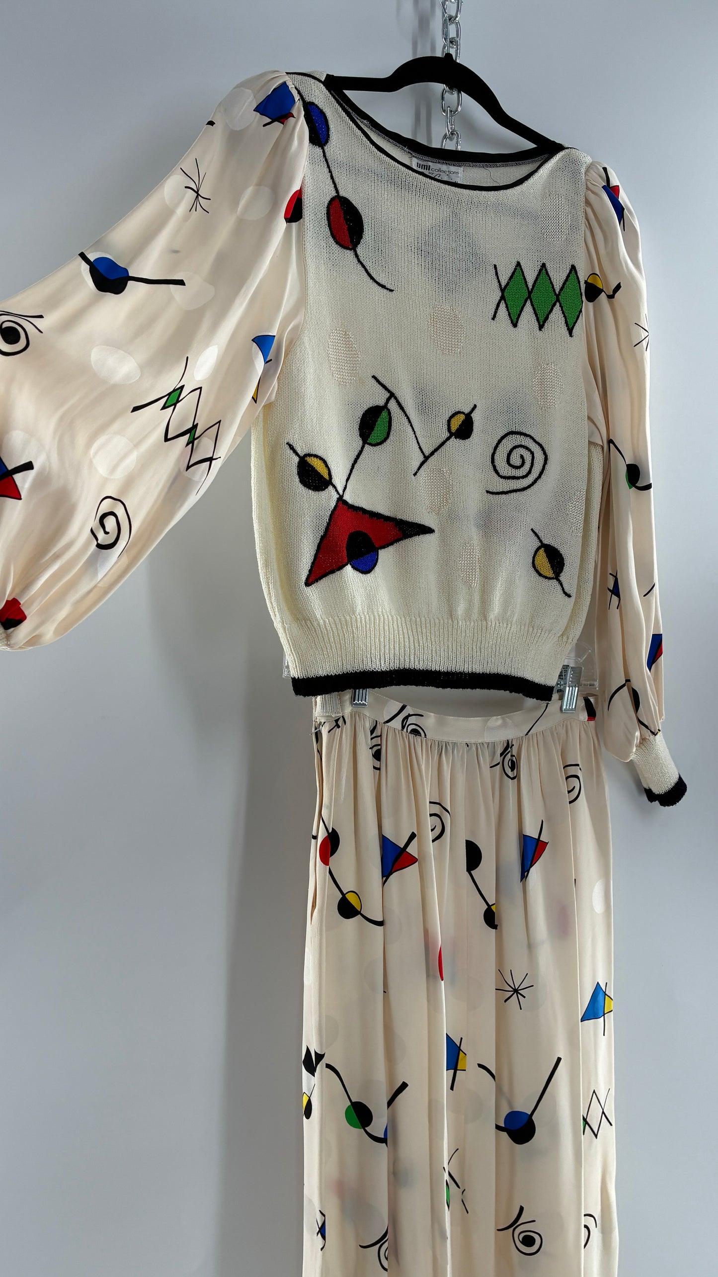 Vintage 1980s UMI collections by Anne Crimmins Off White 2 Piece Set with Abstract Embroidered Designs and 100% Silk Polka Dot Print Skirt (Medium Sweater, 8 Skirt)