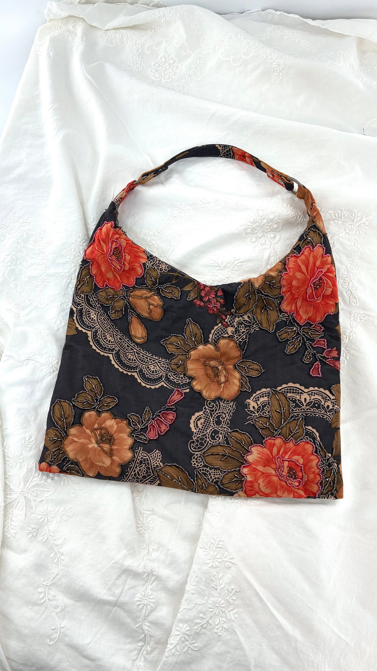 Vintage Brown Floral Paisley Beaded Hobo Shoulder Bag