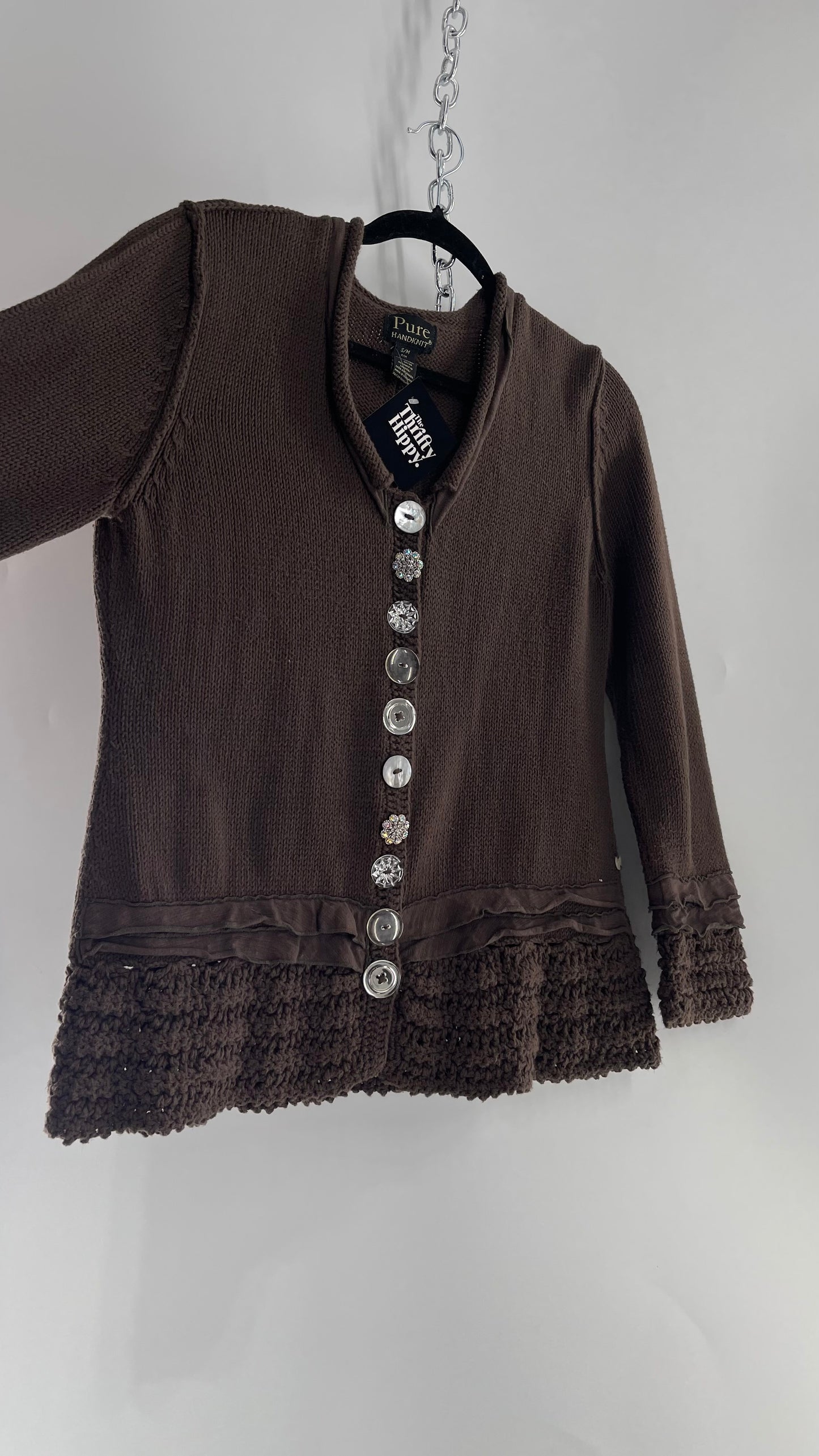 Vintage Pure Handknit Ruffle Hem Brown Cardigan with Button Front (S/M)