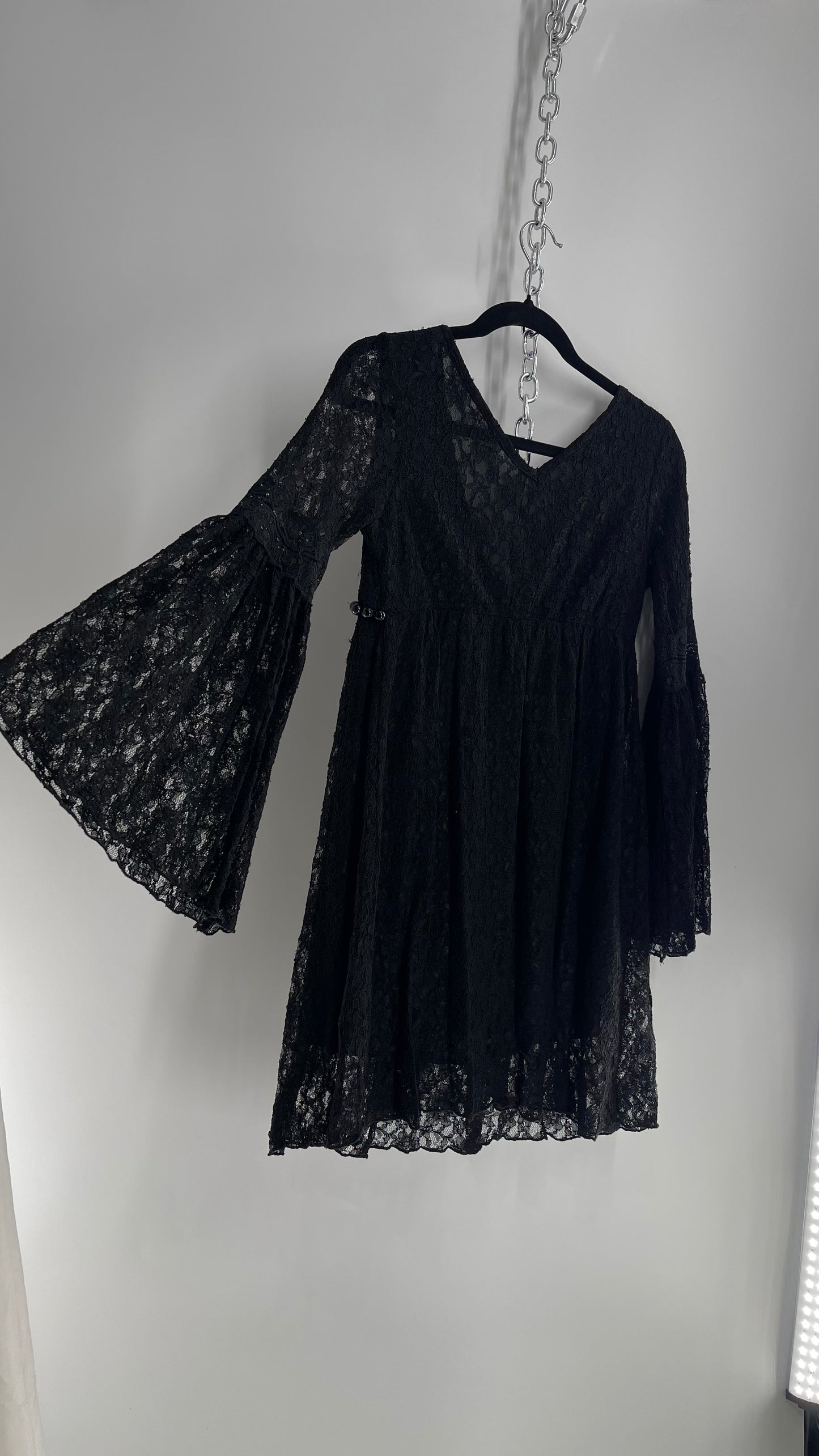 Vintage Black Lace Bell Sleeve Beaded Bust Babydoll Dress (Small)