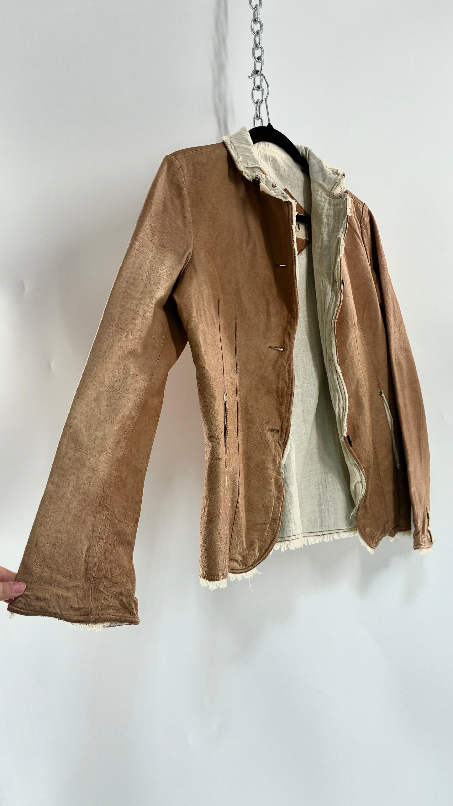 Vintage JAKETT Tan Leather Jacker with Cotton Raw Edge Trim+ Lining and buttoned Cuffs (Medium)