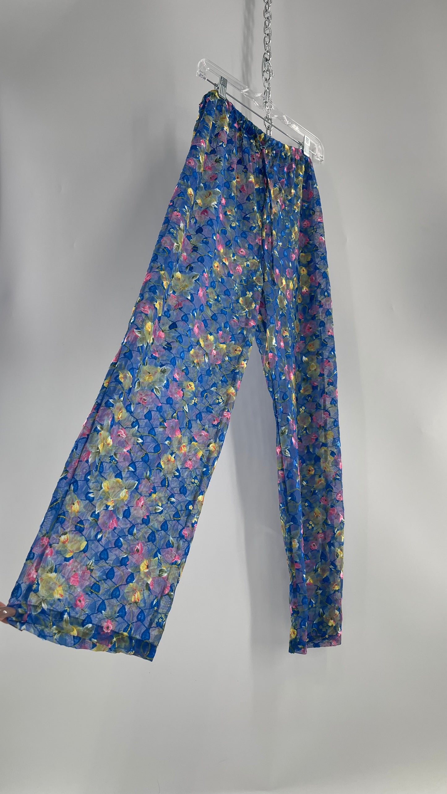 Vintage Classics Fun Pants Cover Up Blue, Embroidered Vines and Floral Graphic (Large)