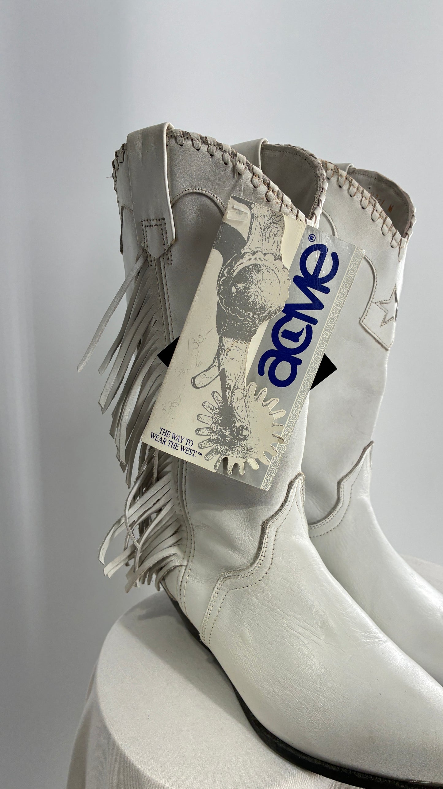 Deadstock Vintage ACME White Cowboy Boots with Braided Cuff, Fringe Sides(6)